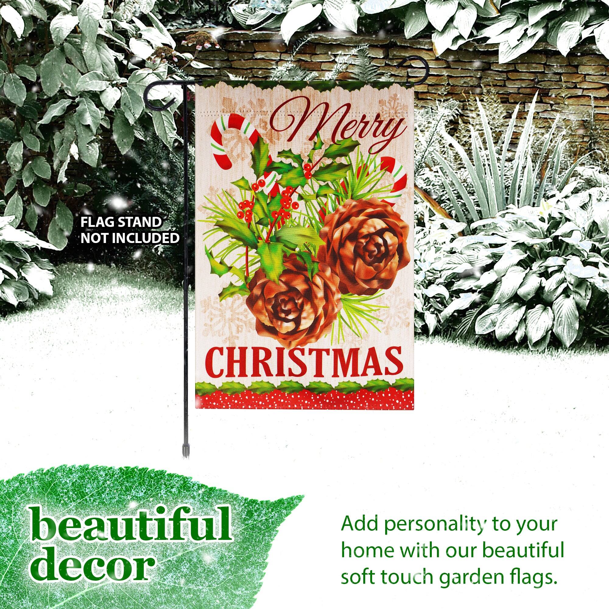 Merry Christmas  
FLAG STAND NOT INCLUDED  

beautiful decor  

Add personality to your home with our beautiful soft touch garden flags.