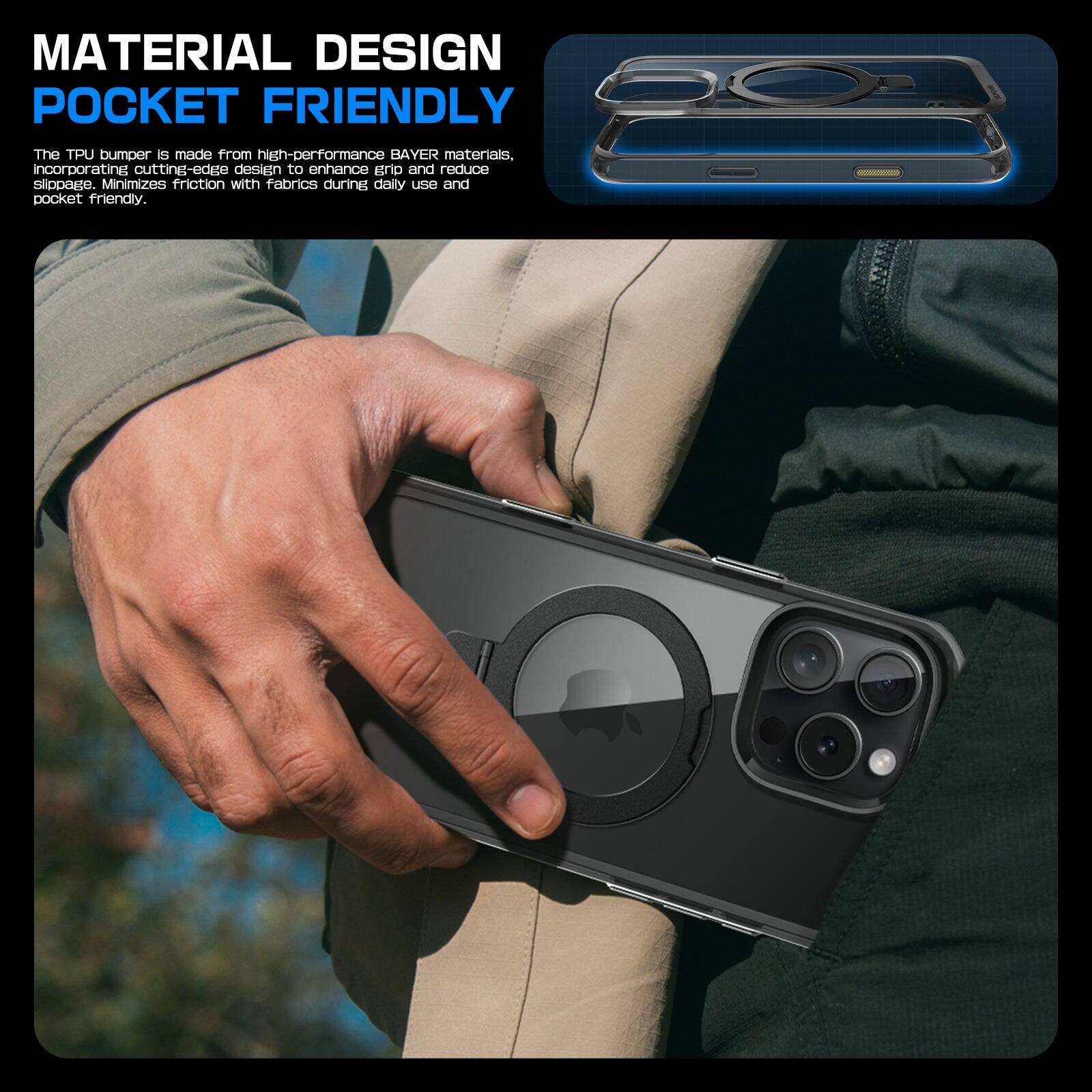 **MATERIAL DESIGN POCKET FRIENDLY**

The TPU bumper is made from high-performance BAYER materials, incorporating cut-and-edge design to enhance grip and reduce slippage. Minimizes friction with fabrics during daily use and is pocket-friendly.