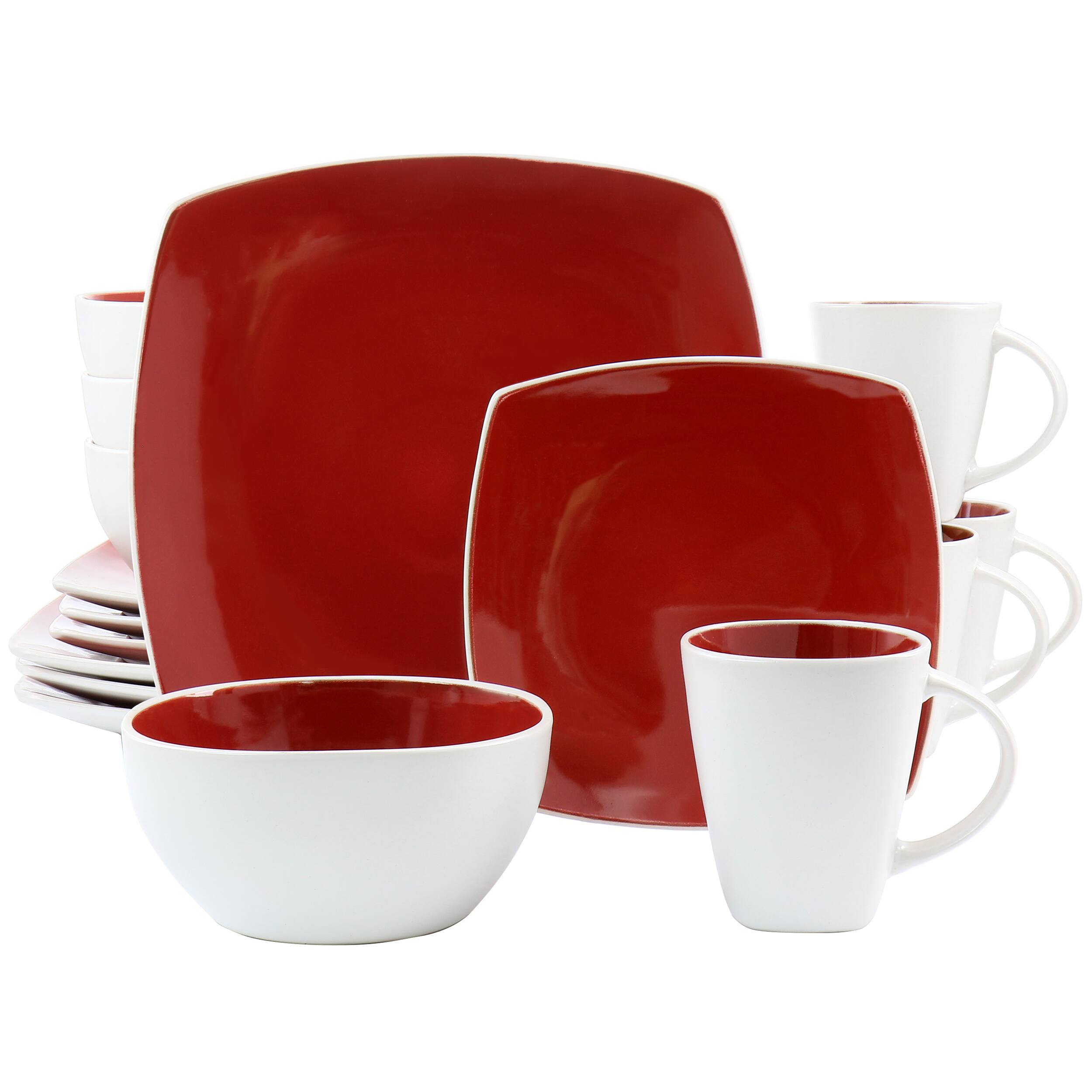 Front. Gibson - Gibson Home Soho Lounge 16 Piece Soft Square Stoneware Dinnerware Set in Red and White - Red and White.