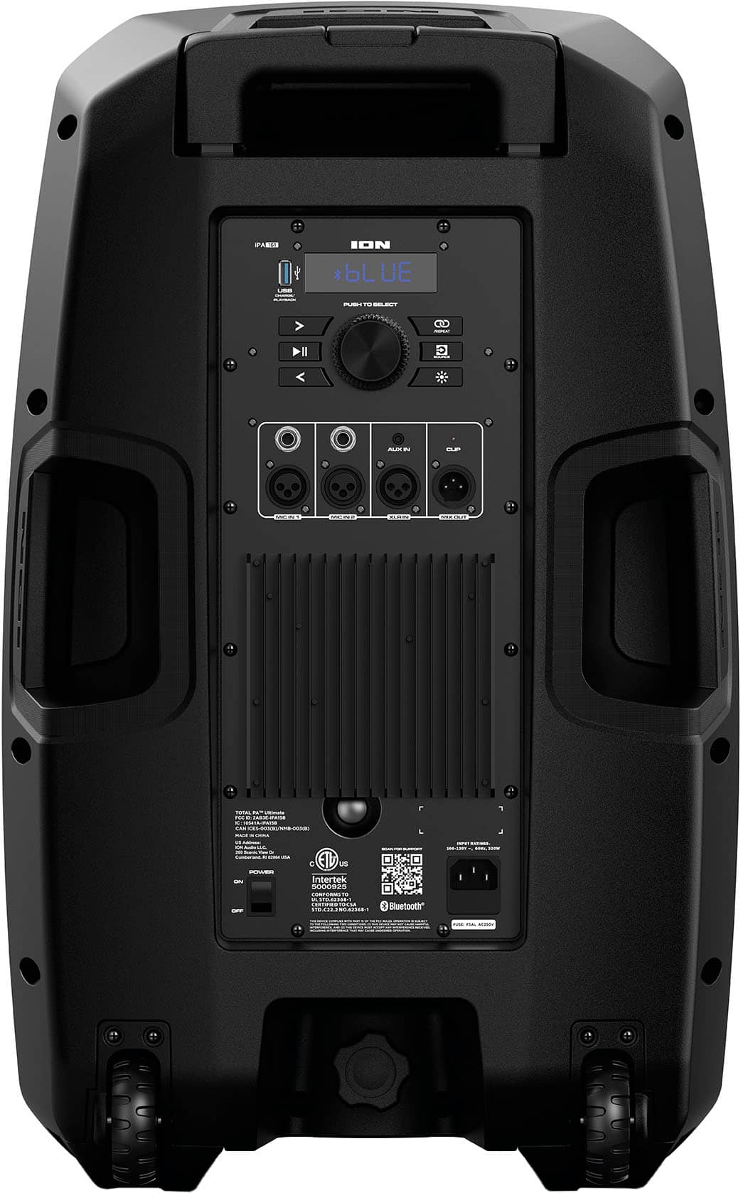 The image features a large black speaker with a control panel on the front. The speaker is made by the company Intertek. The control panel has various buttons and knobs, including a Bluetooth button, which allows for wireless connectivity. The speaker is designed to provide high-quality sound and is likely used for events or performances.
