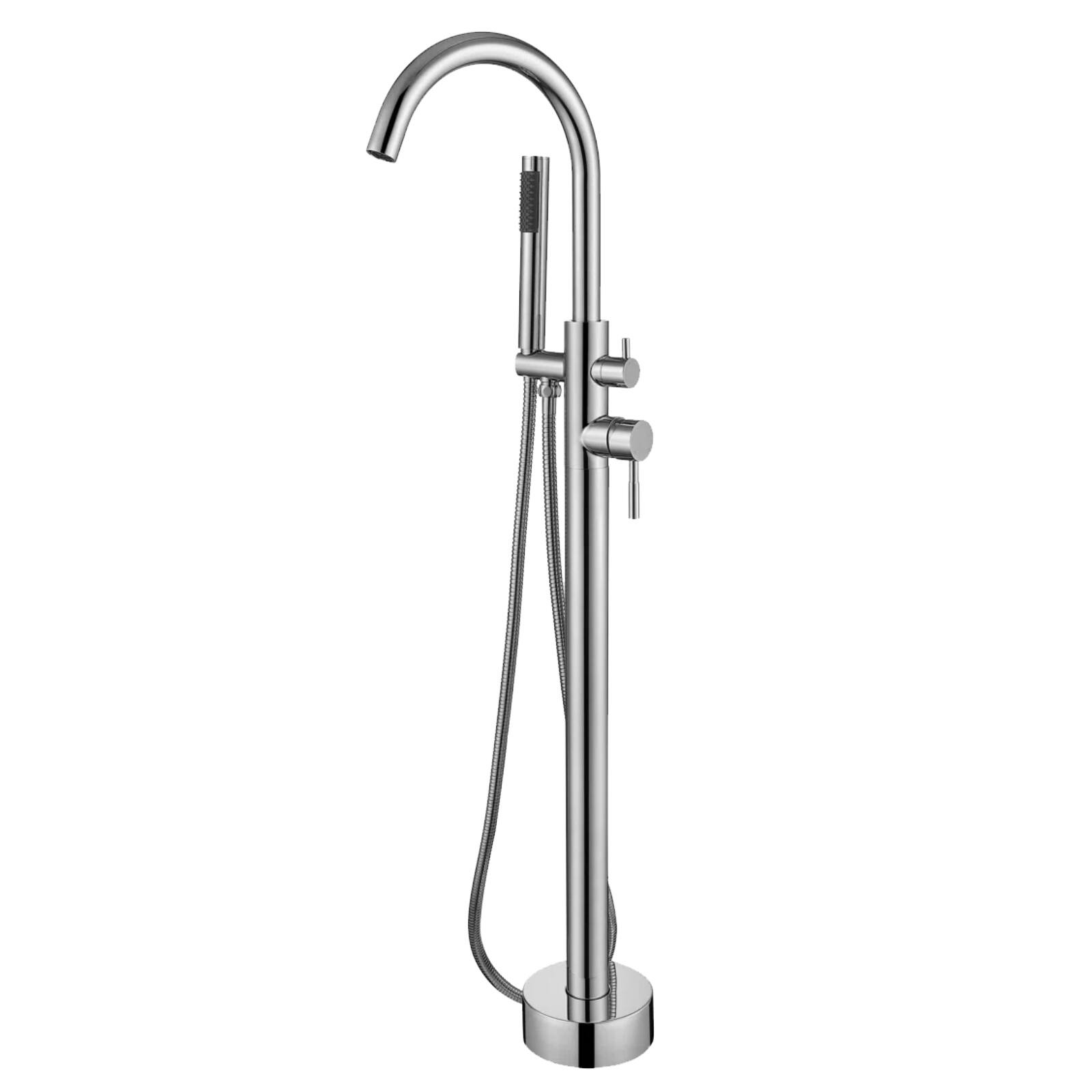 Angle. Sweet - Freestanding Bathtub Faucet, Floor Mount Tub Filler with 360 Swivel Gooseneck Spout and Handheld Shower - Silvery.