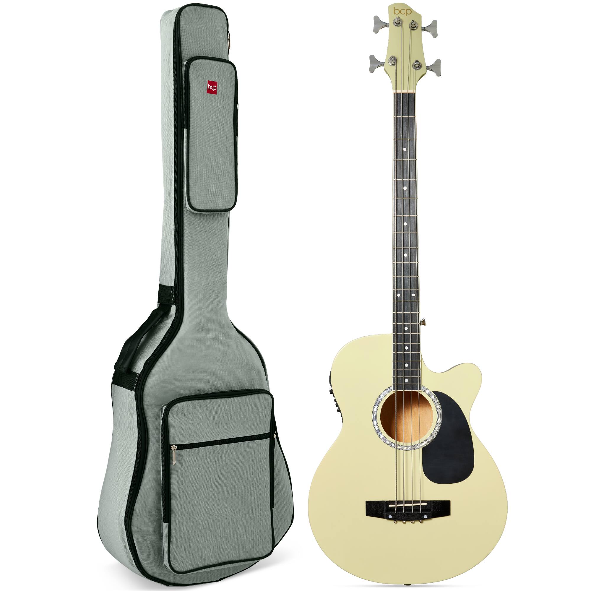 Best Choice Products - Acoustic Electric Bass Guitar w/ Equalizer, Truss Rod, Padded Gig Bag - Cream White