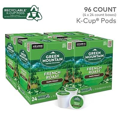 RECYCLABLE K-CUP PODS  
96 COUNT (4 x 24 count boxes)  

KEURIG  
GREEN MOUNTAIN COFFEE ROASTERS  
FRENCH ROAST  
DARK ROAST  

100% KEURIG GREEN MOUNTAIN COFFEE ROASTERS  
FRENCH ROAST DARK ROAST