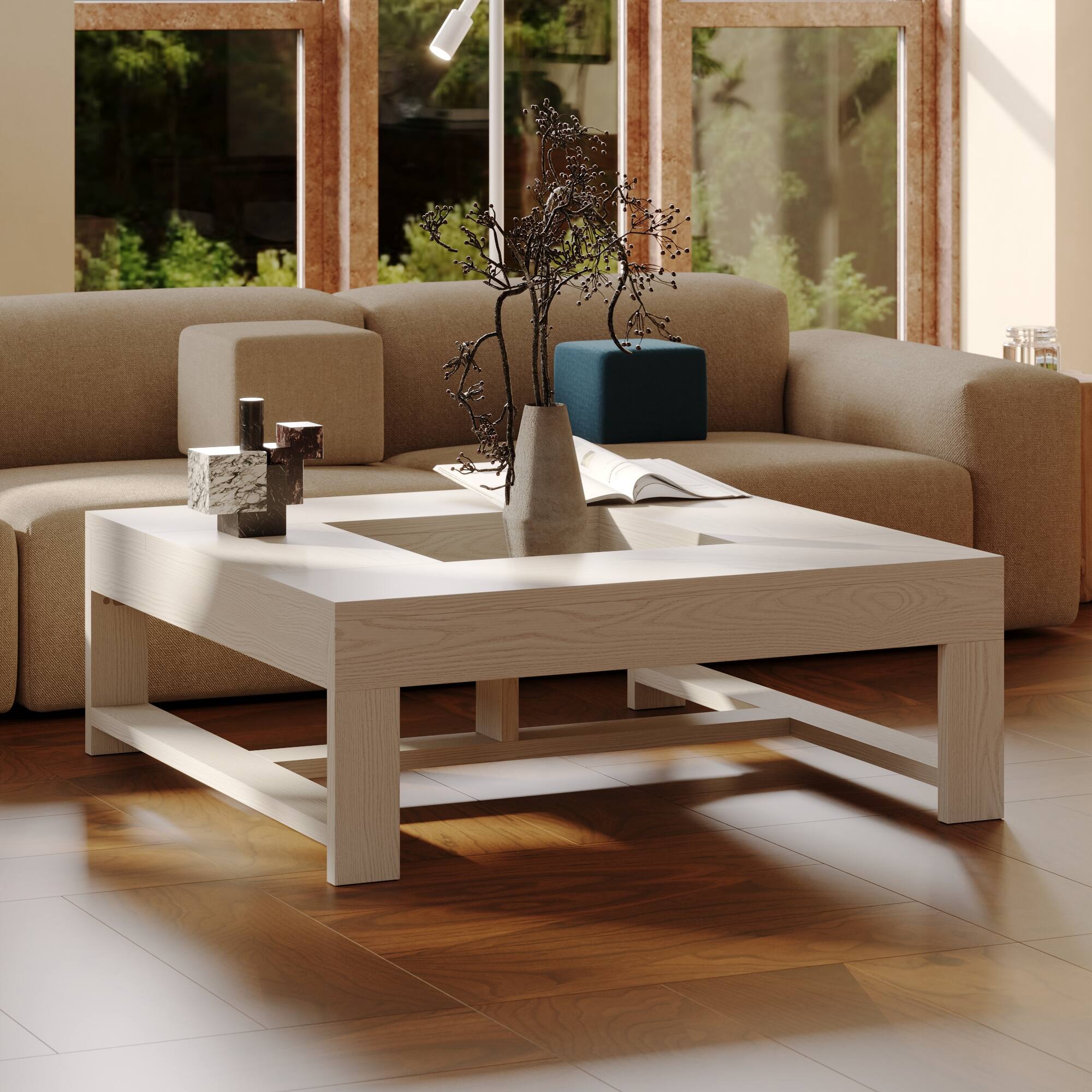 Left. FUFU&GAGA - Japanese Style Hollow Coffee Table with Central Storage and Minimalist Frame for Living Room - Off-White.