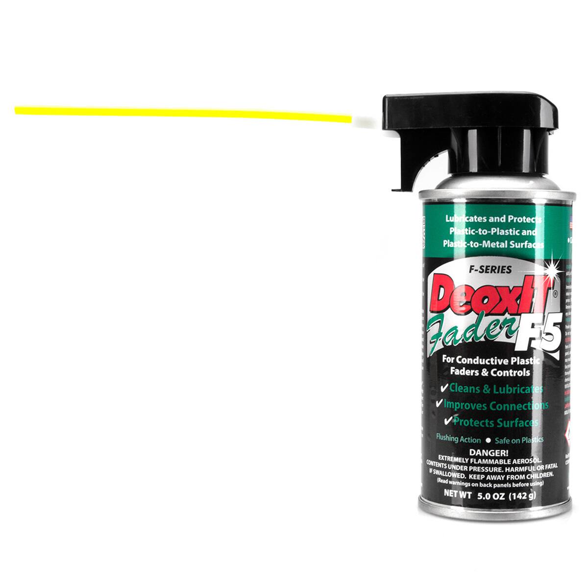 Lubricates and Protects Plastic-to-Plastic and Plastic-to-Metal Surfaces

F-SERIES Deoxit Fader F5

For Conductive Plastic Faders & Controls

Cleans & Lubricates
Improves Connections
Protects Surfaces
Flushing Action
Safe on Plastics

DANGER! EXTREMELY FLAMMABLE AEROSOL CONTENTS UNDER HARMFUL OR FATAL PRESSURE. SWALLOWED. KEEP AWAY FROM CHILDREN.

NET WT 5.0 oz (142 g)