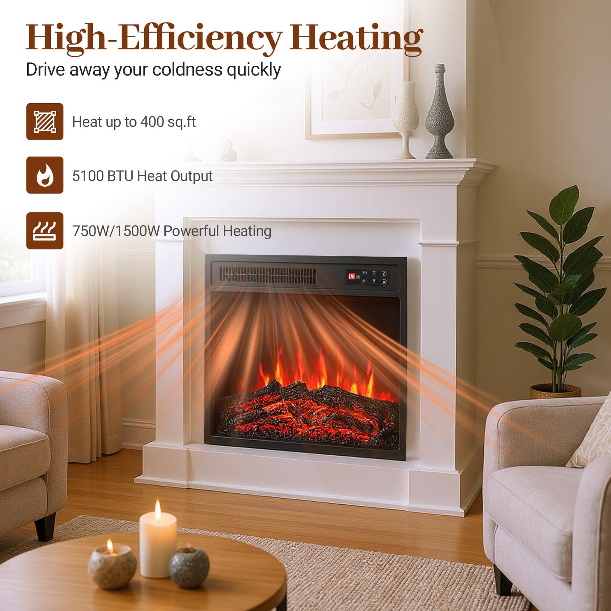High-Efficiency Heating  
Drive away your coldness quickly  

Heat up to 400 sq.ft  
5100 BTU Heat Output  
750W/1500W Powerful Heating