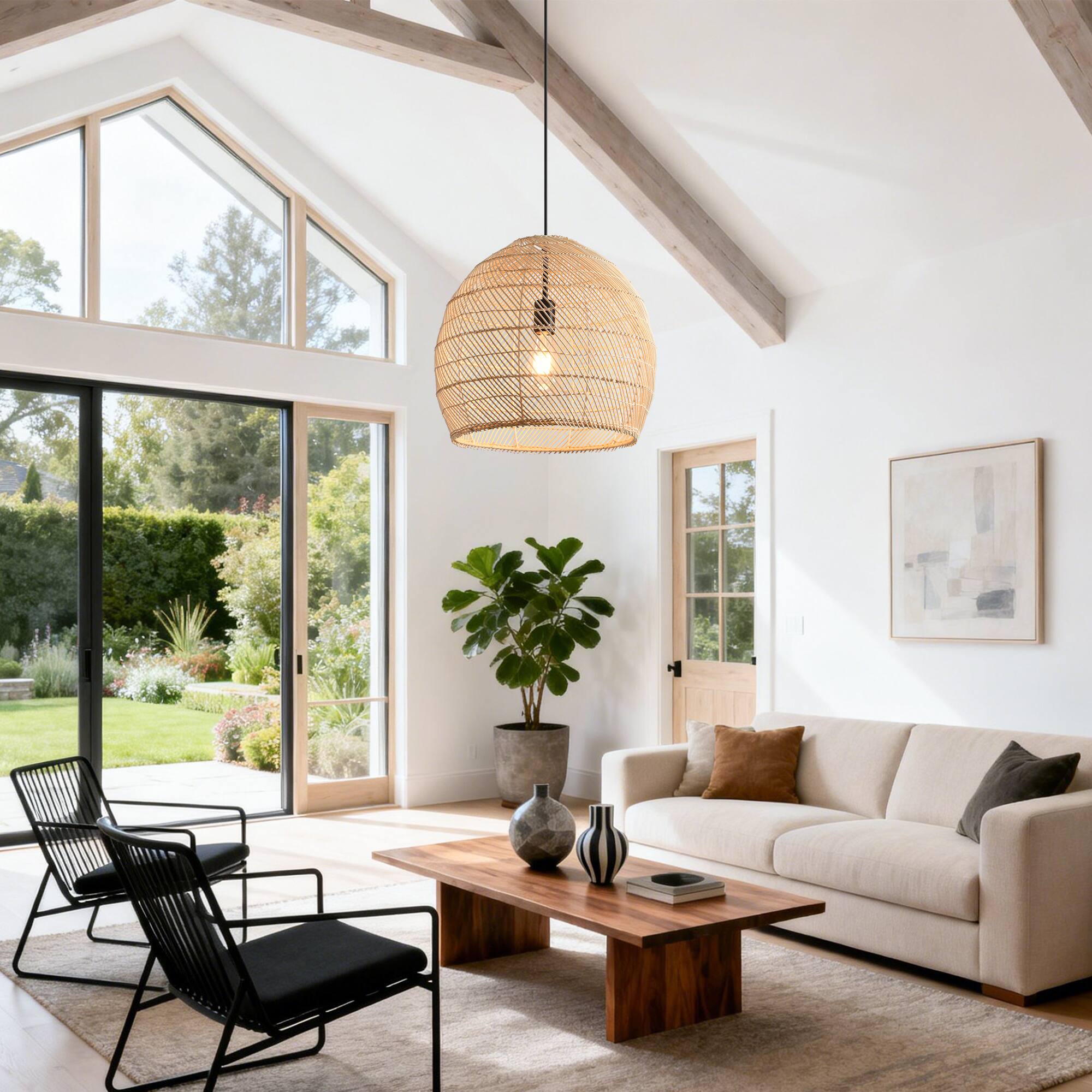 Back. Parrot Uncle - 1-Light Coasta Style Brown Hand-Woven Rattan Cloche Hanging Pendant Light.