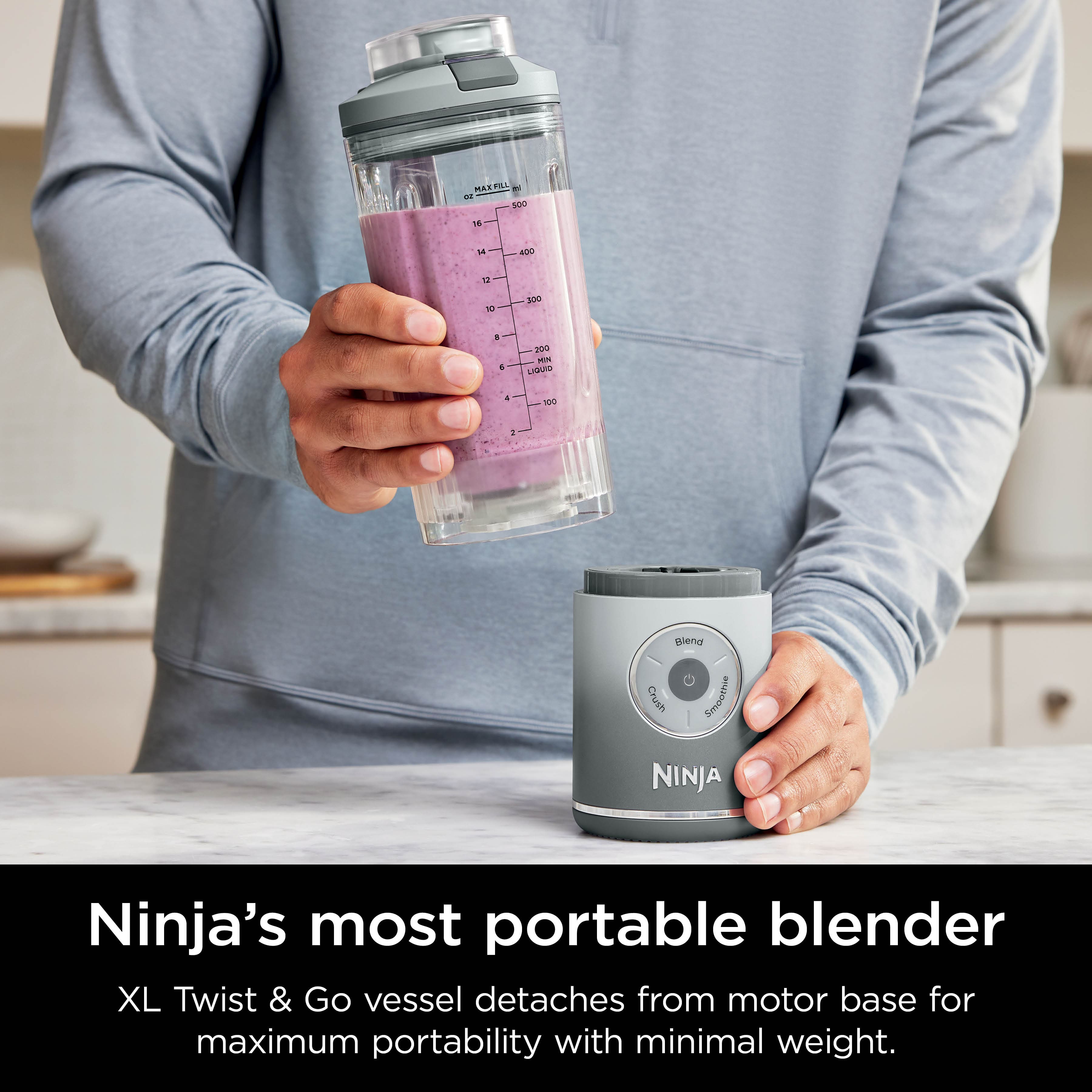 Ninja's most portable blender XL Twist & Go vessel detaches from motor base for maximum portability with minimal weight.