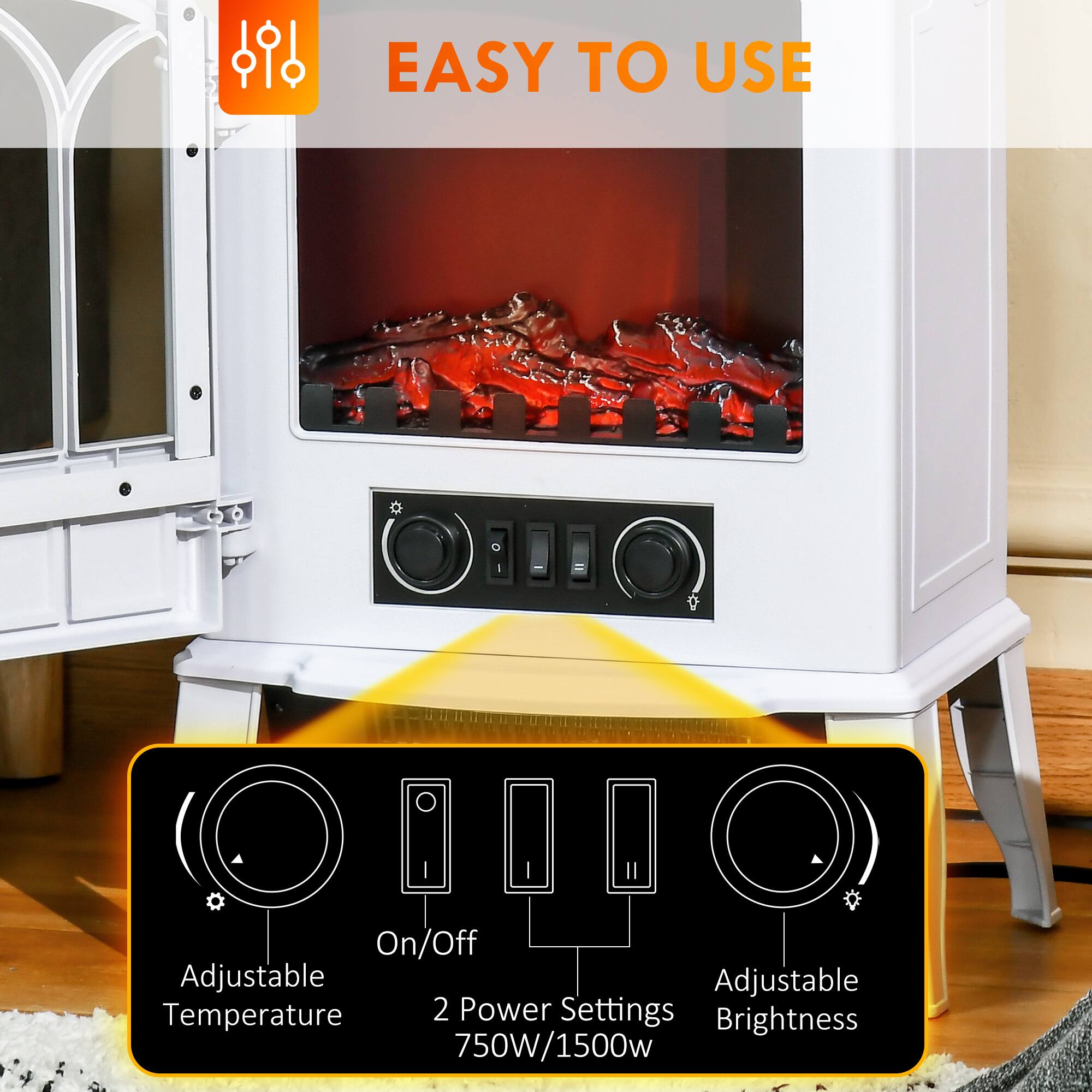 EASY TO USE

- On/Off
- Adjustable Temperature
- 2 Power Settings (750W/1500W)
- Adjustable Brightness