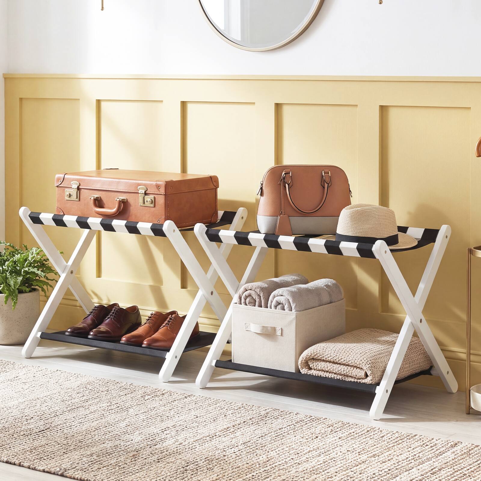 Alt View 5. Costway - Costway 1 PCS Luggage Rack, Solid Rubberwood Suitcase Stand with Nylon Shelves, Portable - Black + White.