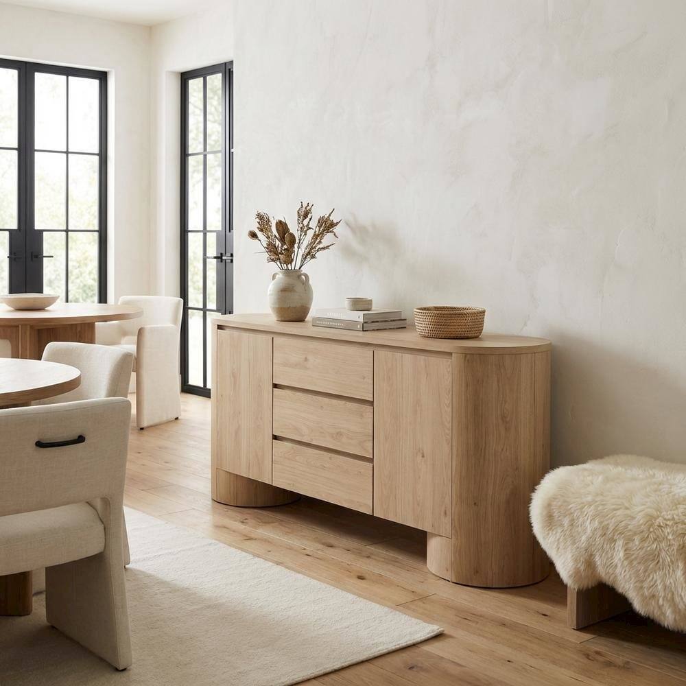Left. FurniFact - Rustic Rounded Sideboard Storage Cabinet With Spacious Interior, Durable Design - Brown.
