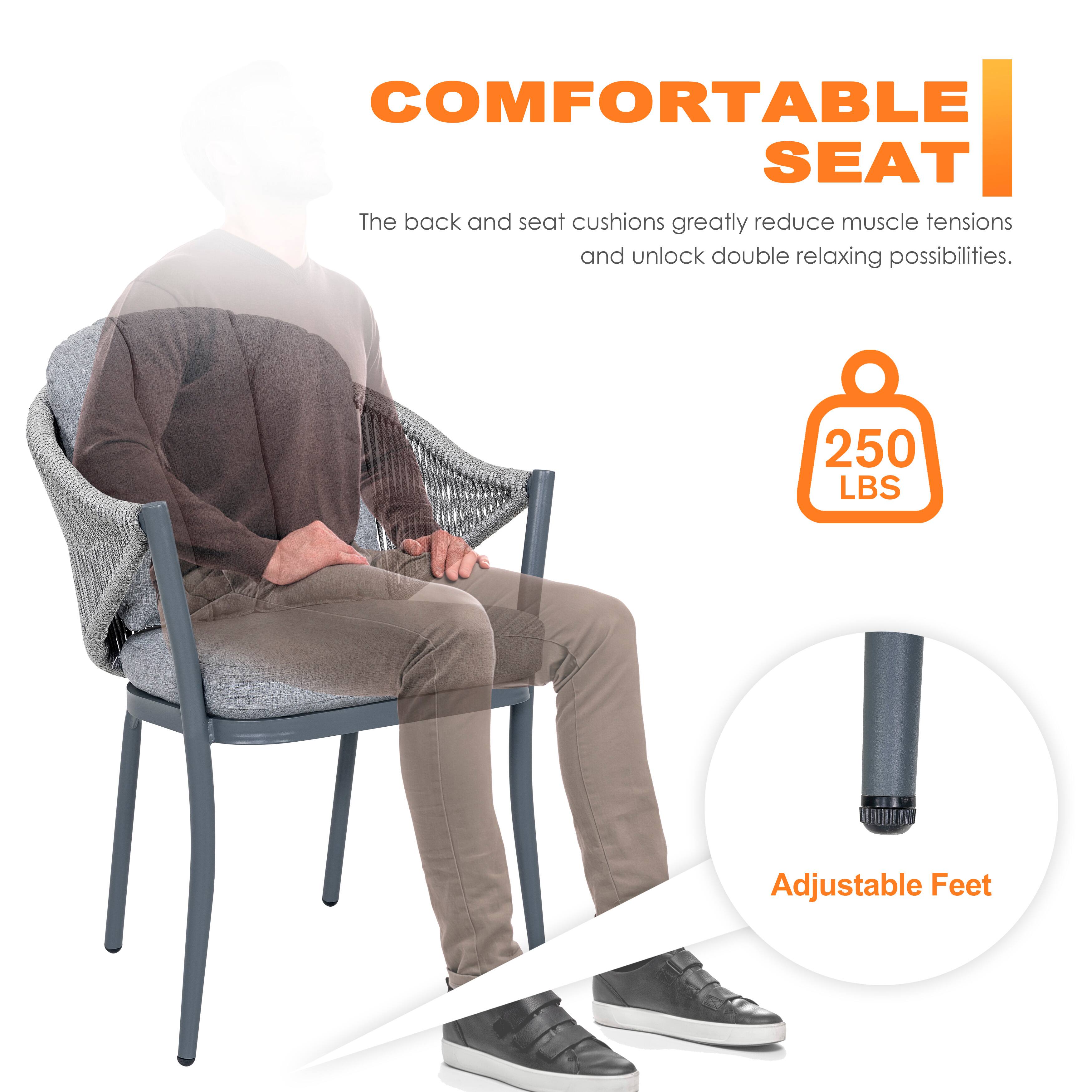 **COMFORTABLE SEAT**

The back and seat cushions greatly reduce muscle tensions and unlock double relaxing possibilities.

**250 LBS**

Adjustable Feet