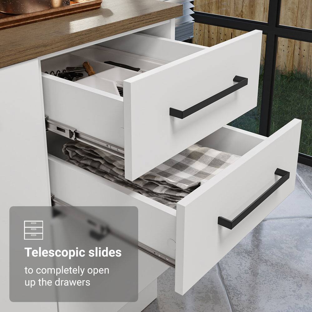 Telescopic slides to completely open up the drawers