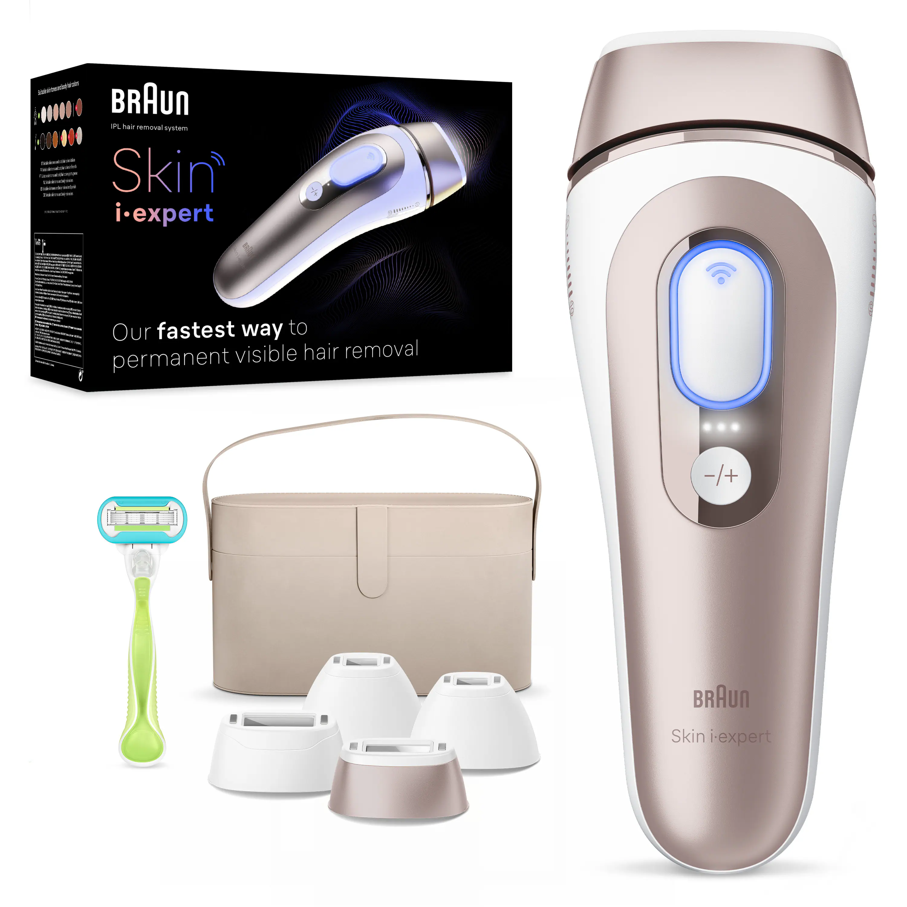 Braun - IPL Skin i·Expert Home Hair Removal Includes Vanity Case, Venus Razor, 4 Smart Heads, with Free App - White/Bronze
