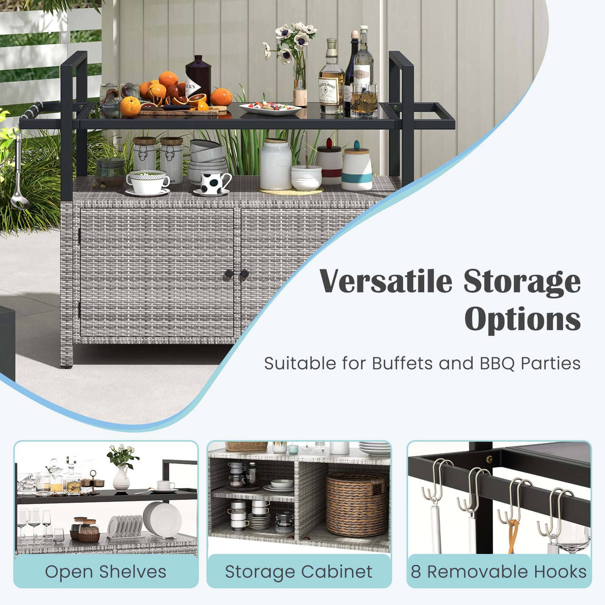 Versatile Storage Options  
Suitable for Buffets and BBQ Parties  

Open Shelves  
Storage Cabinet  
8 Removable Hooks