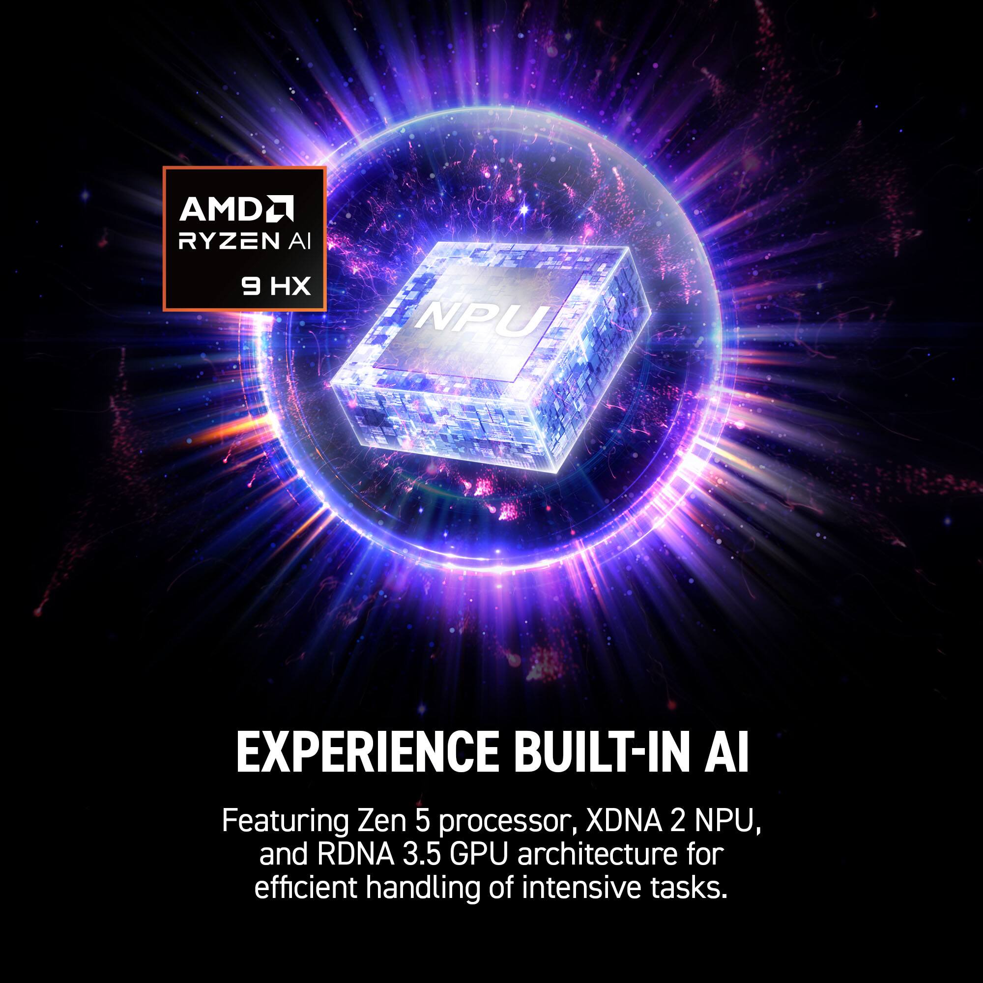 AMD Ryzen 9 NPU Experience Built-In AI Featuring Zen 5 processor, XDNA 2 NPU, and RDNA 3.5 GPU architecture for efficient handling of intensive tasks.