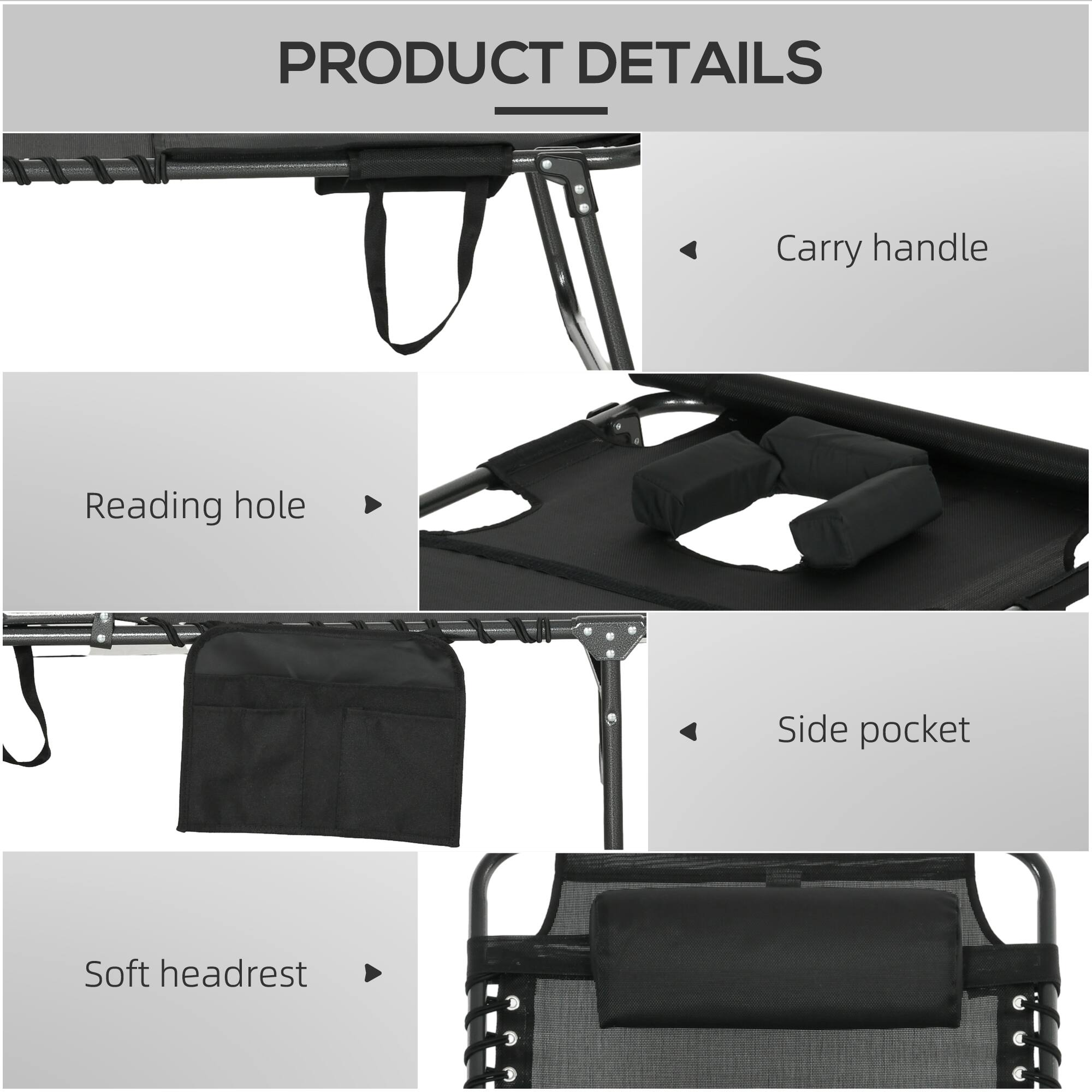 1. Carry handle
2. Reading hole
3. Side pocket
4. Soft headrest