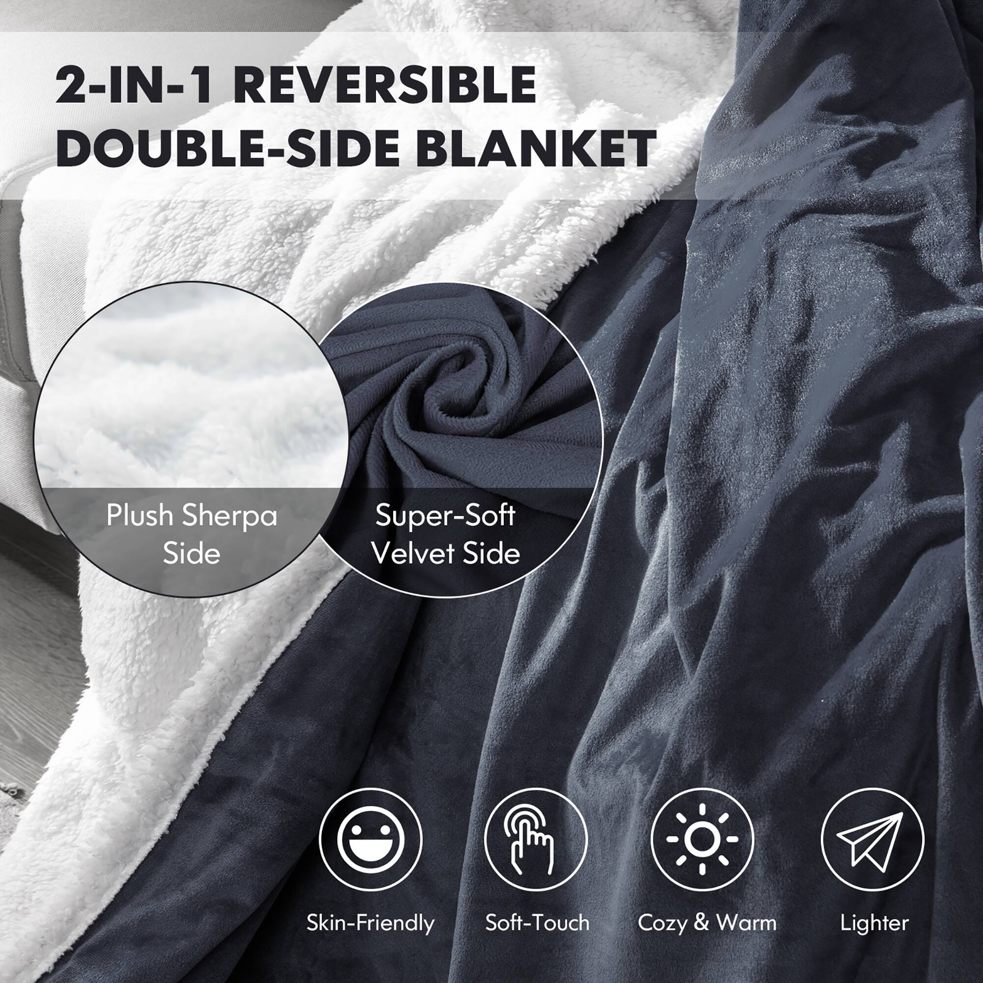 2-IN-1 REVERSIBLE DOUBLE-SIDE BLANKET: Plush Sherpa Side & Super-Soft Velvet Side - Skin-Friendly, Soft-Touch, Cozy & Warm, Cozy & Warm, Lighter