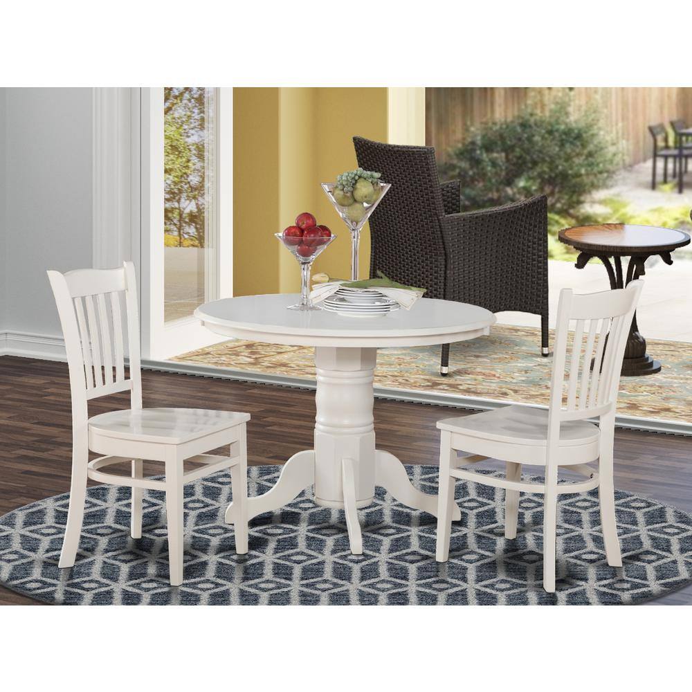 Back. East West Furniture - 3 PC Kitchen nook Dining set-Round Table and 2 dinette Chairs - Linen White.