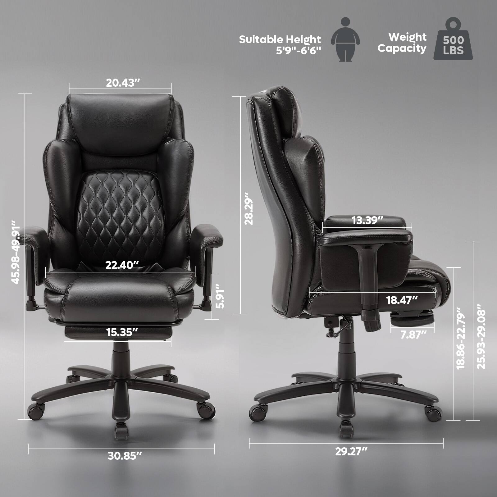 Suitable Height: 5'9" - 6'6"  
Weight Capacity: 500 LBS  
Dimensions:  
- 20.43"  
- 45.98" - 49.91"  
- 22.40"  
- 15.35"  
- 5.91"  
- 28.29"  
- 13.39"  
- 18.47"  
- 7.87"  
- 18.86" - 22.79"  
- 25.93" - 29.08"  
- 30.85"  
- 29.27"