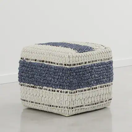 Front. Simpli Home - Grady 18 inch Wide Wool and Cotton Square Pouf Ottoman, Natural and Blue Stripe - Natural/Blue Stripe.