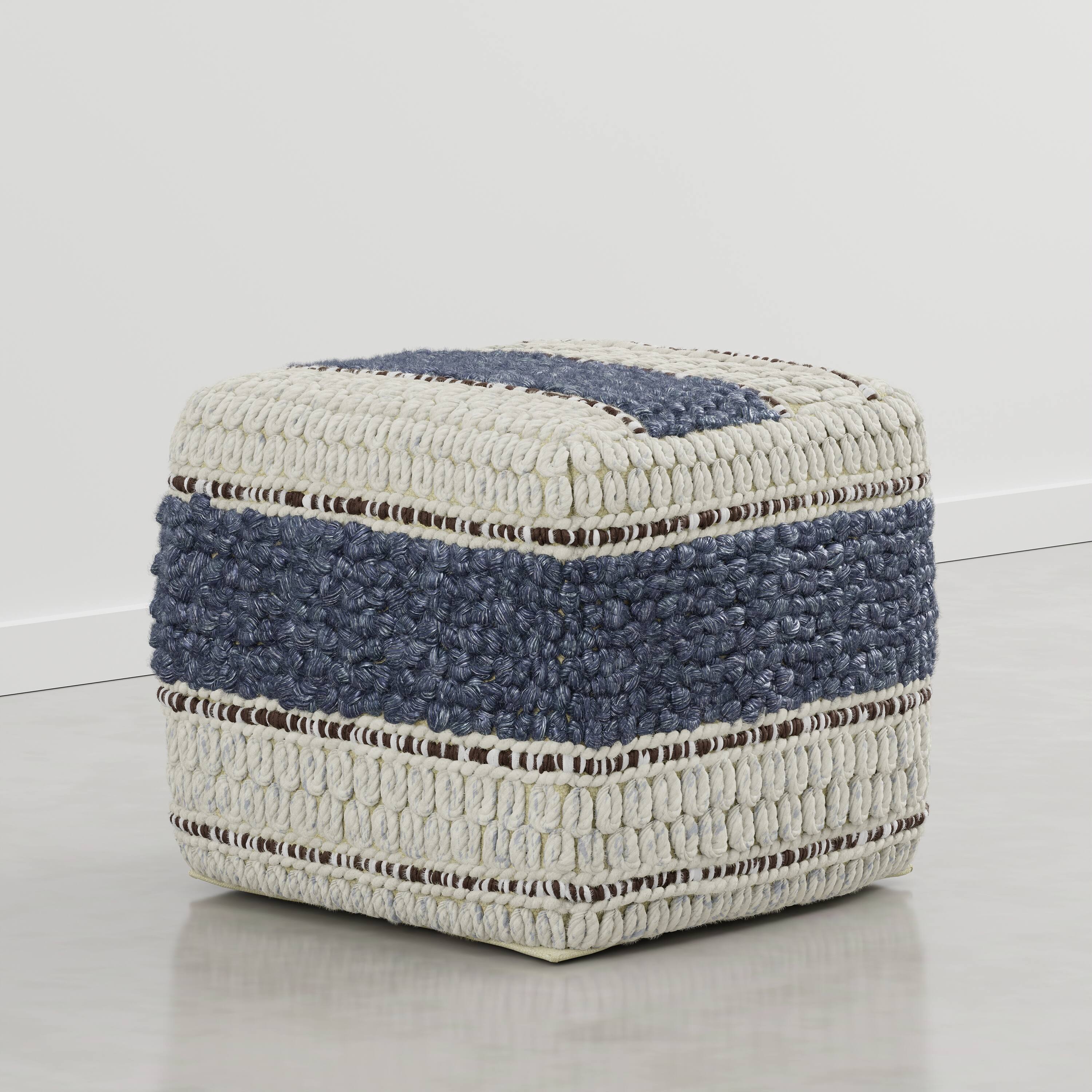 Front. Simpli Home - Grady 18 inch Wide Wool and Cotton Square Pouf Ottoman, Natural and Blue Stripe - Natural/Blue Stripe.