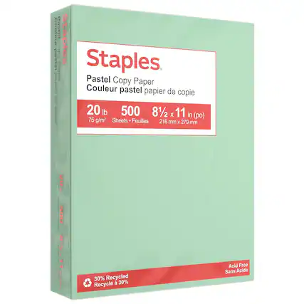 Staples
Pastel Copy Paper
Couleur pastel papier de copie
20 lb
500 Sheets • Feuilles
75 g/m²
8½ x 11 in (po)
216 mm x 279 mm
30% Recycled
Recyclé à 30%
Acid Free
Sans Acide