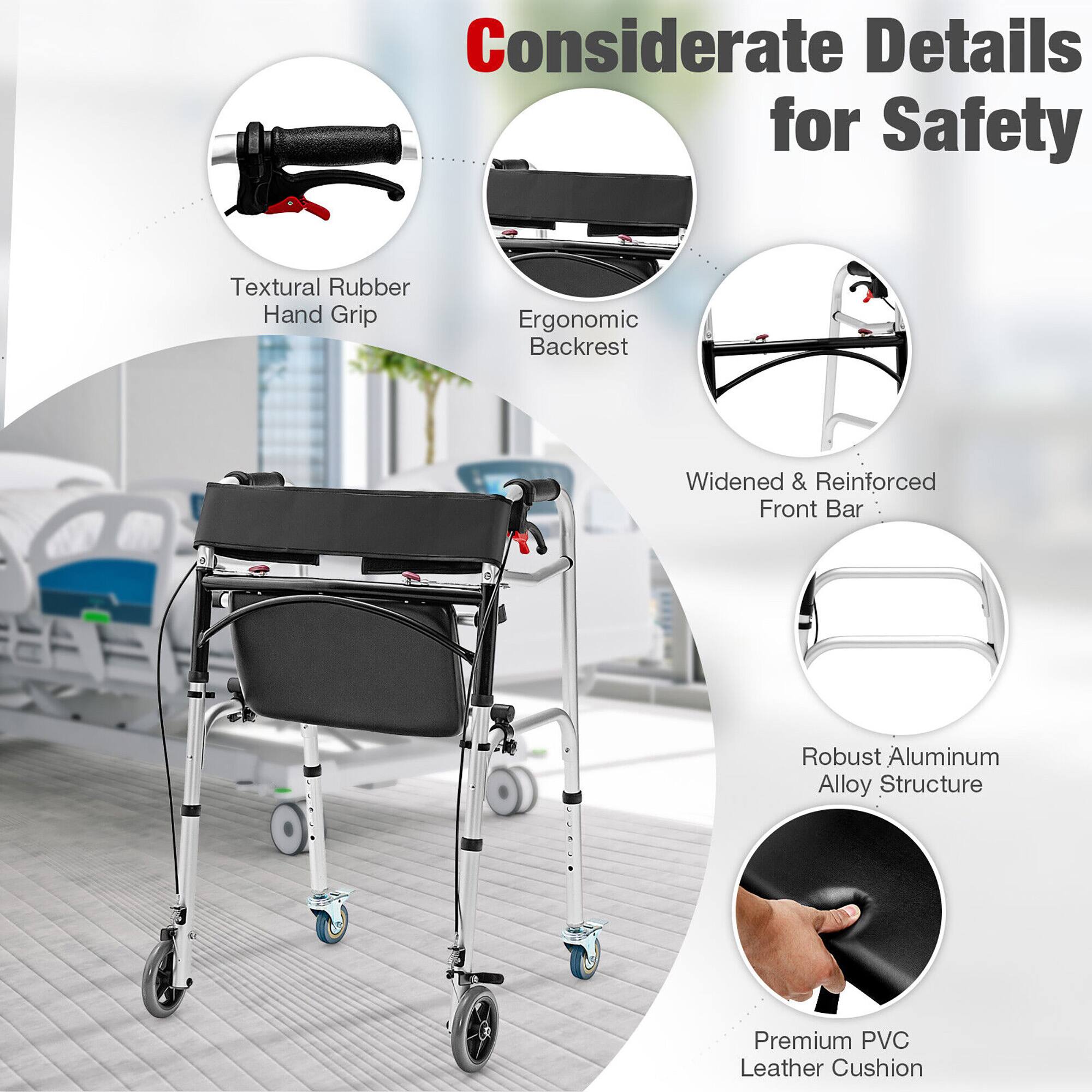 Considerate Details for Safety

- Textural Rubber Hand Grip
- Ergonomic Backrest
- Widened & Reinforced Front Bar
- Robust Aluminum Alloy Structure
- Premium PVC Leather Cushion