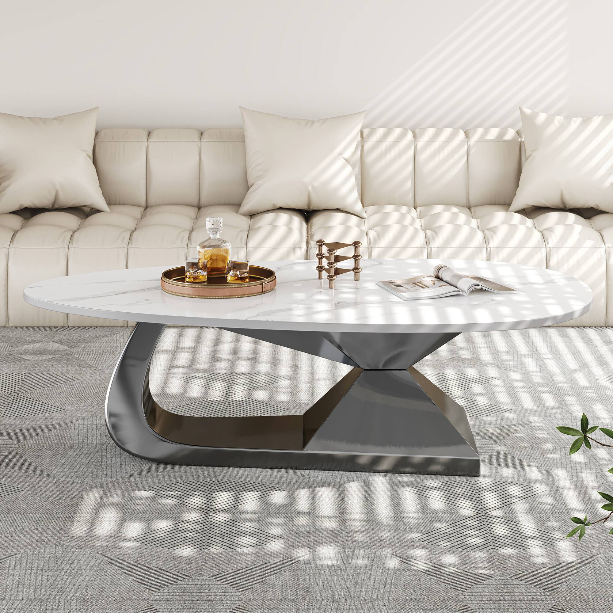 Back. Tiramisubest - Modern Sintered Stone Tabletop Coffee Table with Stainless Steel Base - Elegant and Durable Living Room Centerpiece - Dark Gray,White.