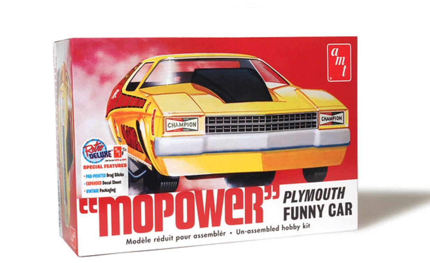 a m t CHAMPION CHAMPION Ritio DELUXE R SPECIAL FEATURES PAD-PRINTED Drag Sticks EXPANDED Decal Sheet VINTAGE Packaging PLYMOUTH "MOPower" FUNNY CAR hobby kit assemblé Un-assembled Modèle réduit pour assemblr