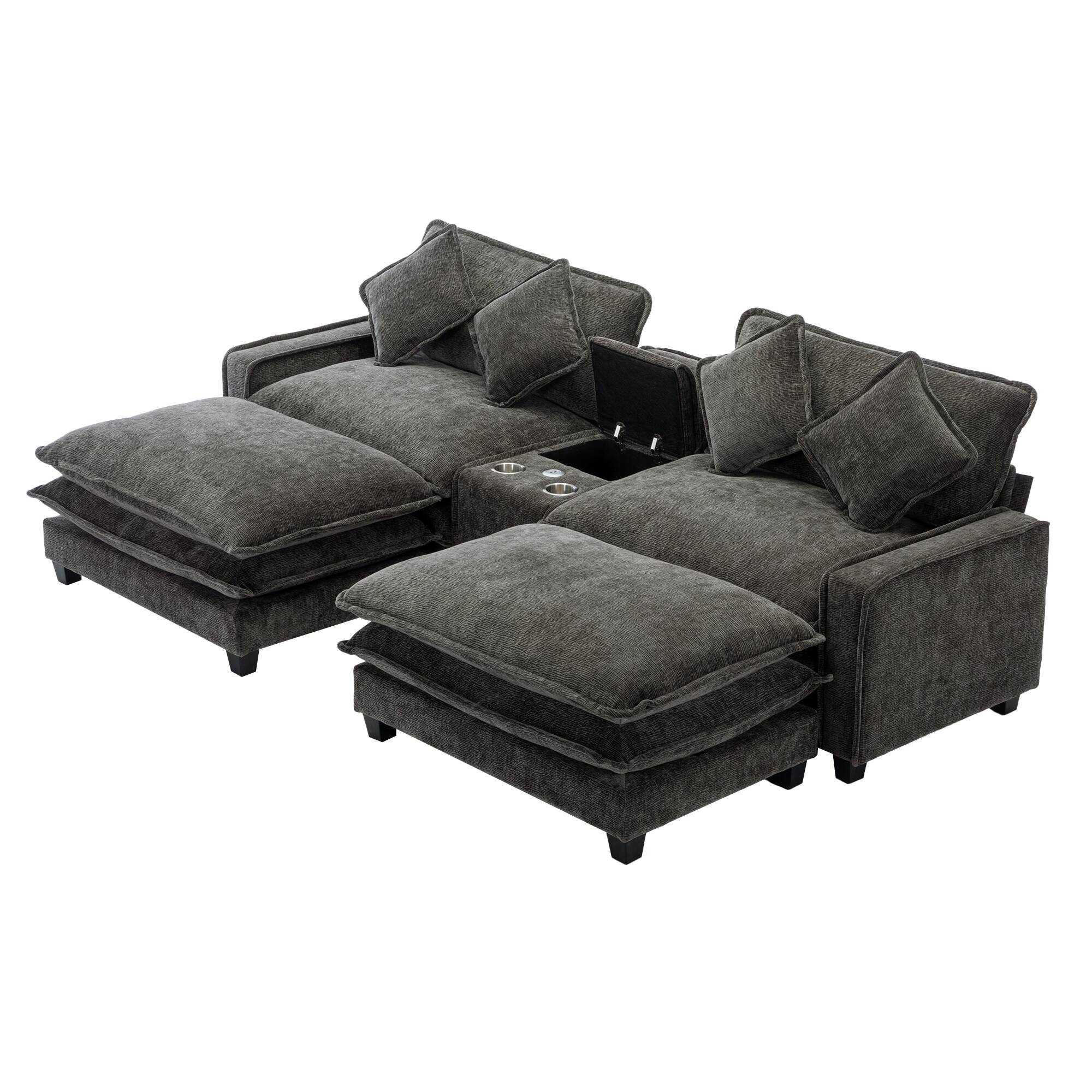 Left. Whisen - 111" Chenille Sectional Sofa with Ottomans and Large Storage Box for Living Room - Gray.