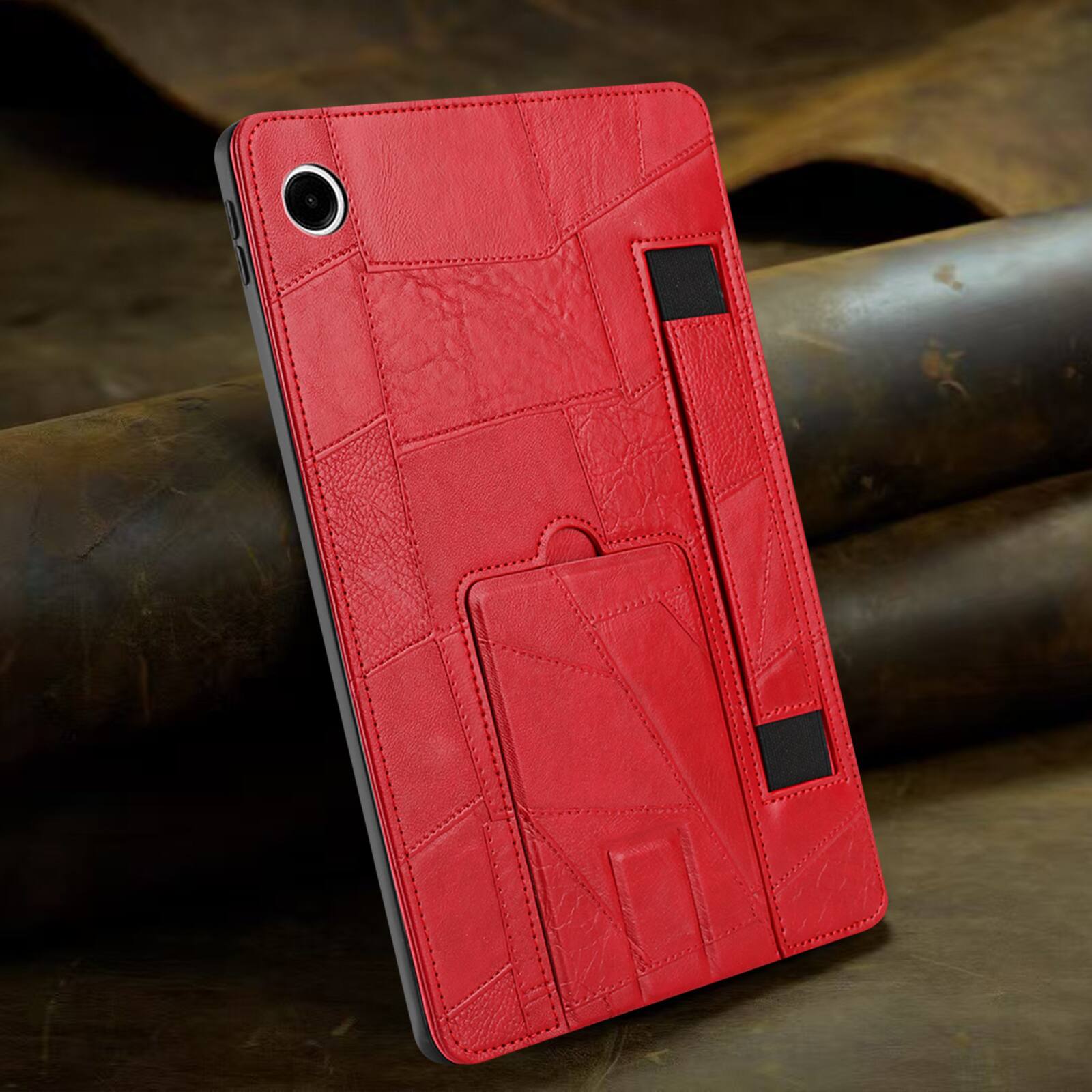 Back. Dteck - Leather Texture Case for Samsung Galaxy Tab A11+, Shockproof Cover with Multi-Angle Stand and Secure Hand Strap - Red.