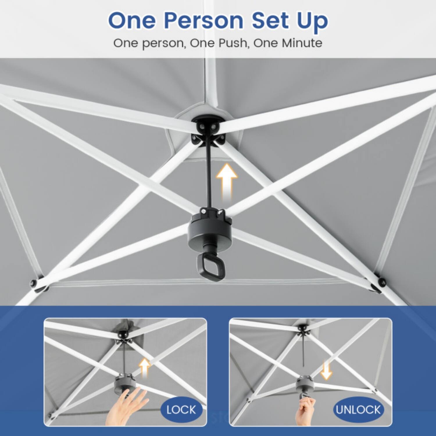 One Person Set Up  
One person, One Push, One Minute  

LOCK  
UNLOCK