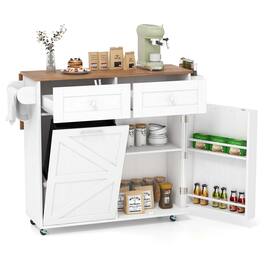 Costway - Rolling Kitchen Island Kitchen Island Cart with Drop Leaf Trash Can Cabinet - White