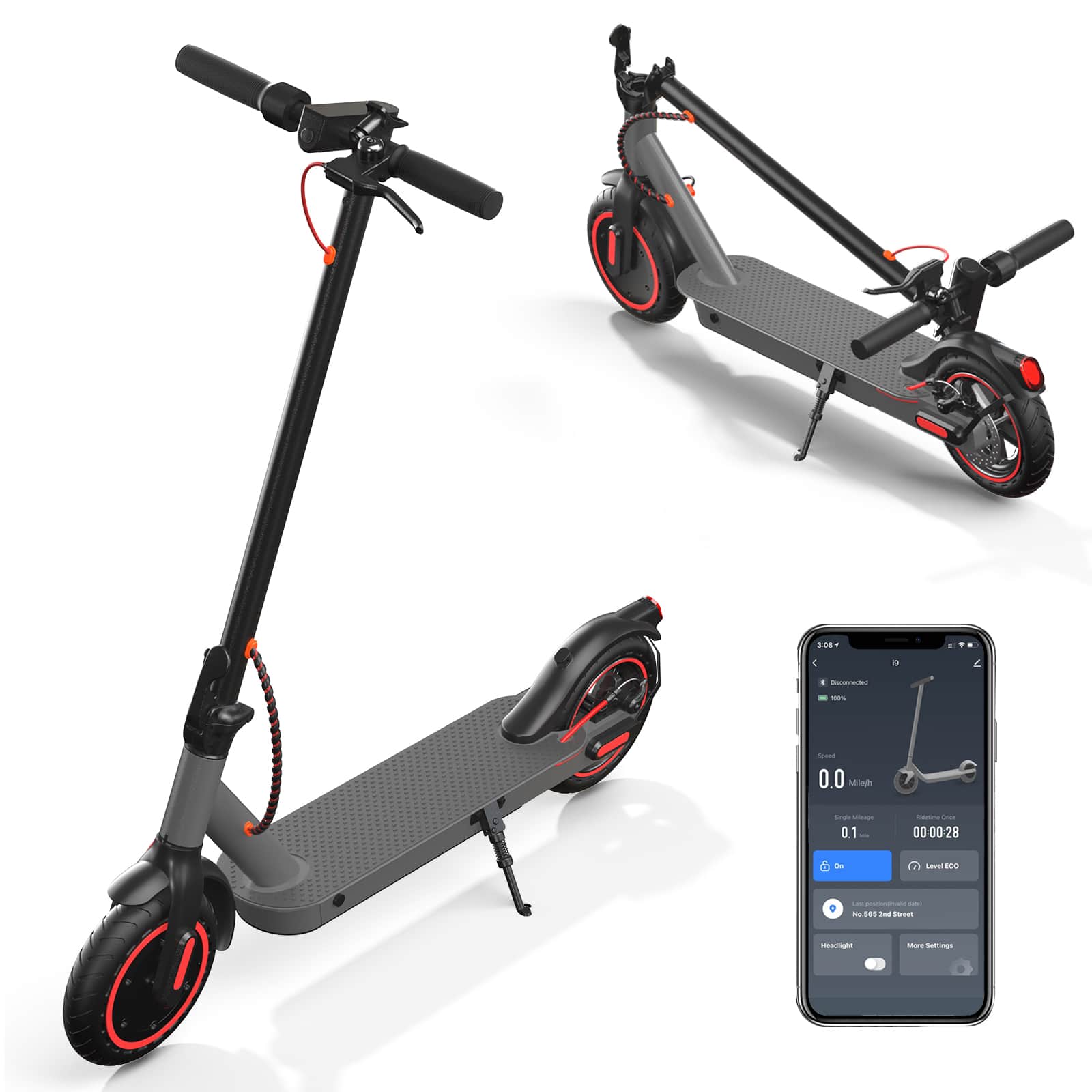 Sure, here is the corrected and grouped text:

---

**Speed:** 0.0 mph  
**Distance:** 0.1 mi  
**Time:** 00:00:28  
**Level:** ECO  

**Headlight:** On  
**Andorid device:** No. 582 2nd Street  

**More Settings**  

---