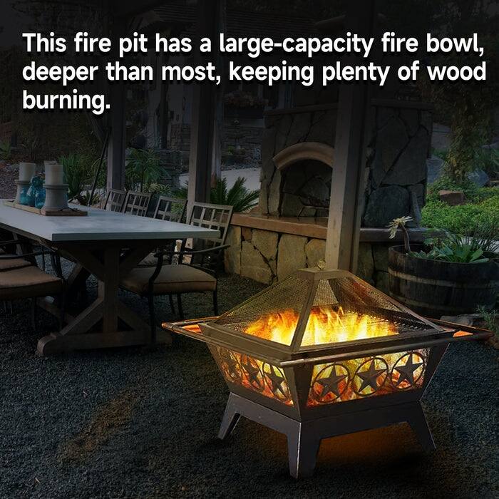 This fire pit has a large-capacity fire bowl, deeper than most, keeping plenty of wood burning.