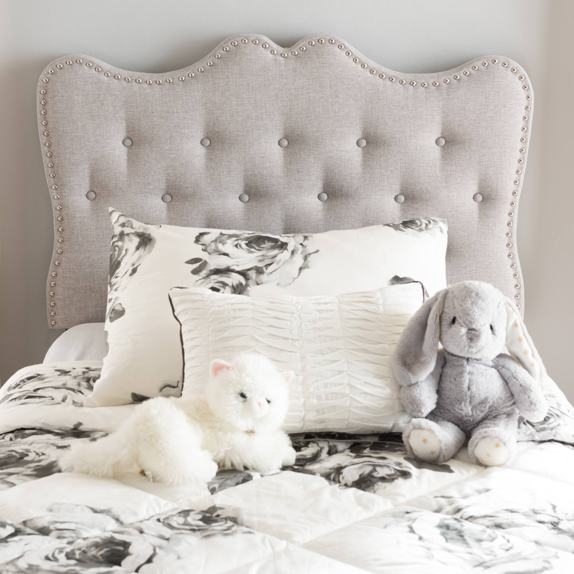 Back. Baxton Studio - Emma Modern and Contemporary Fabric Twin Size Headboard - Greyish Beige.