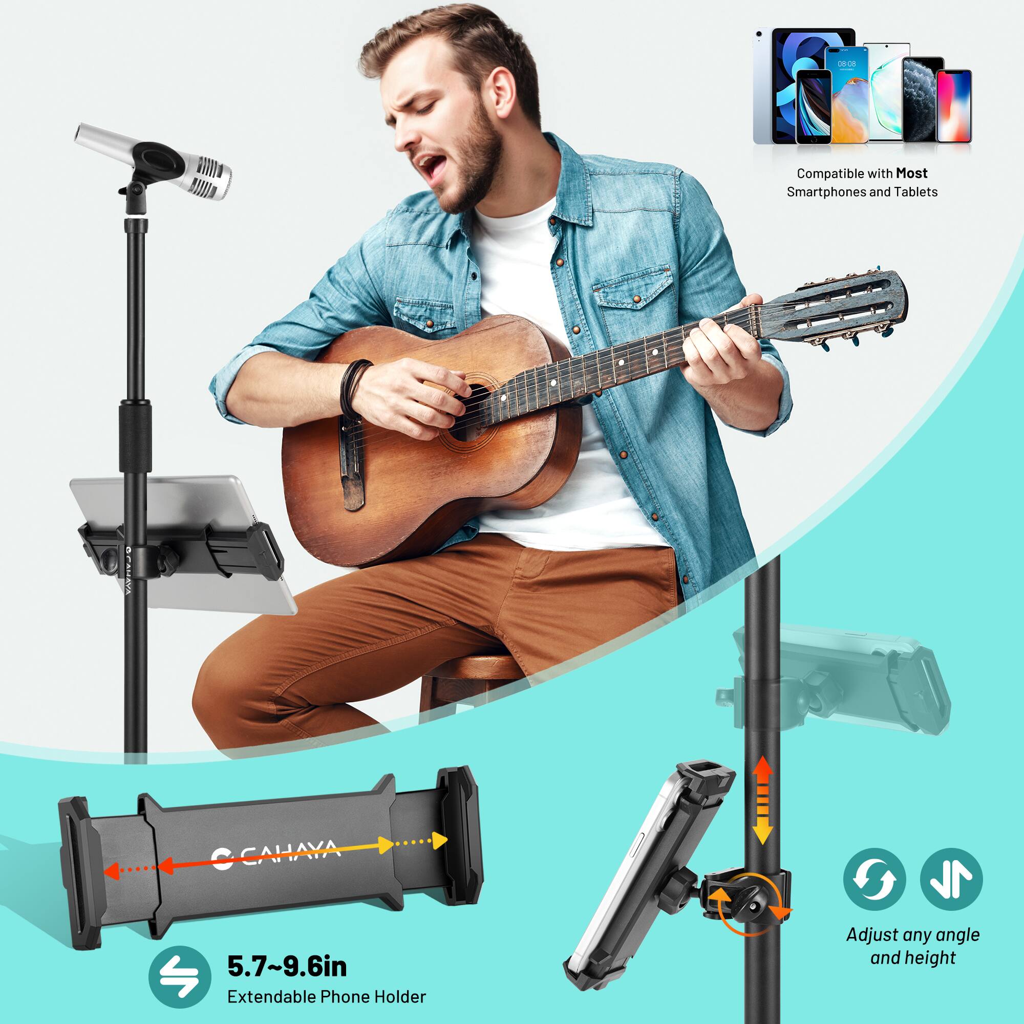 Compatible with Most Smartphones and Tablets

5.7~9.6in Extendable Phone Holder

Adjust any angle and height