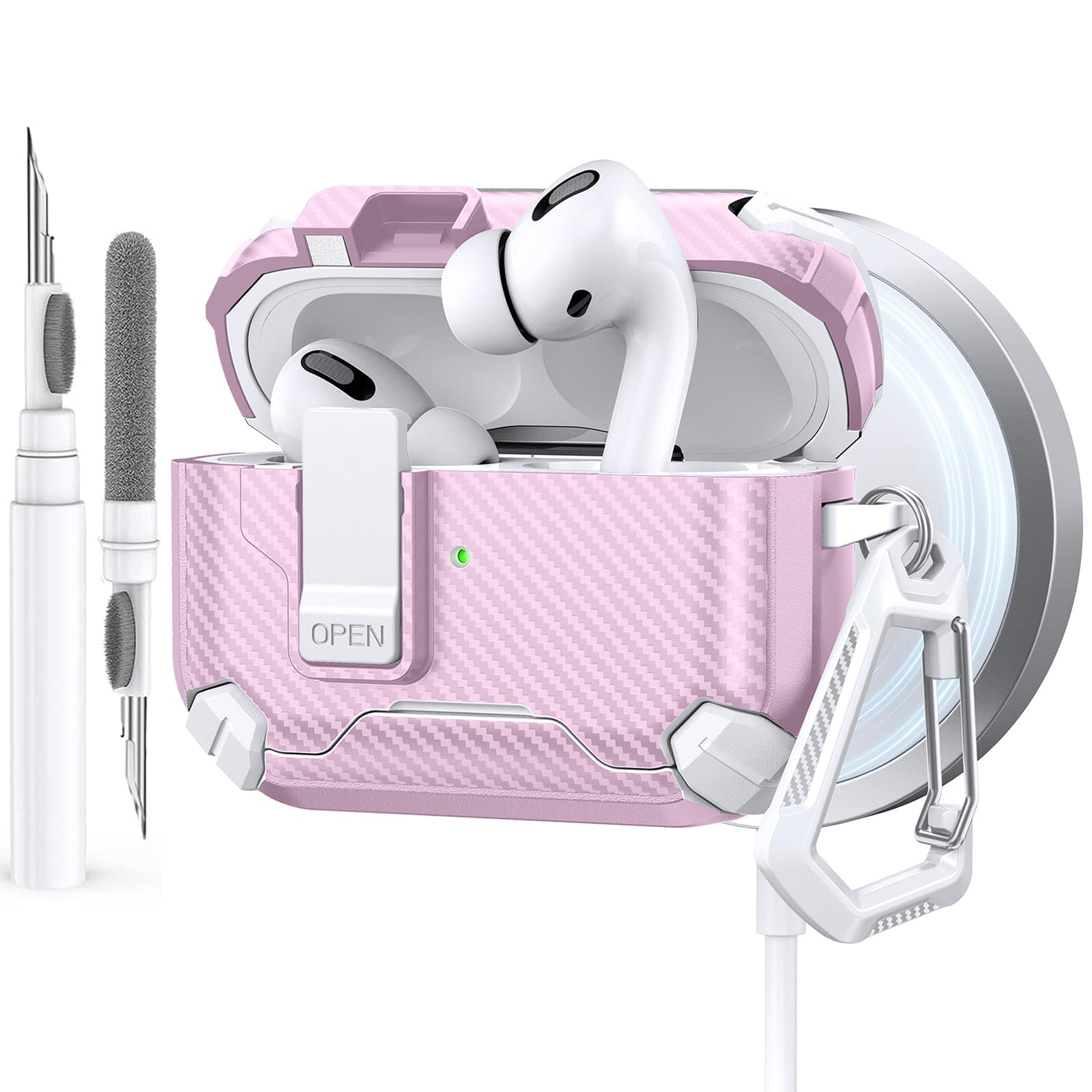 Dteck - Case for Airpods Pro 3rd Gen (2025) with Magnetic Lock,Compatible with Mag Safe,Carbon Fiber Texture Cover + Carabiner - Whitepink