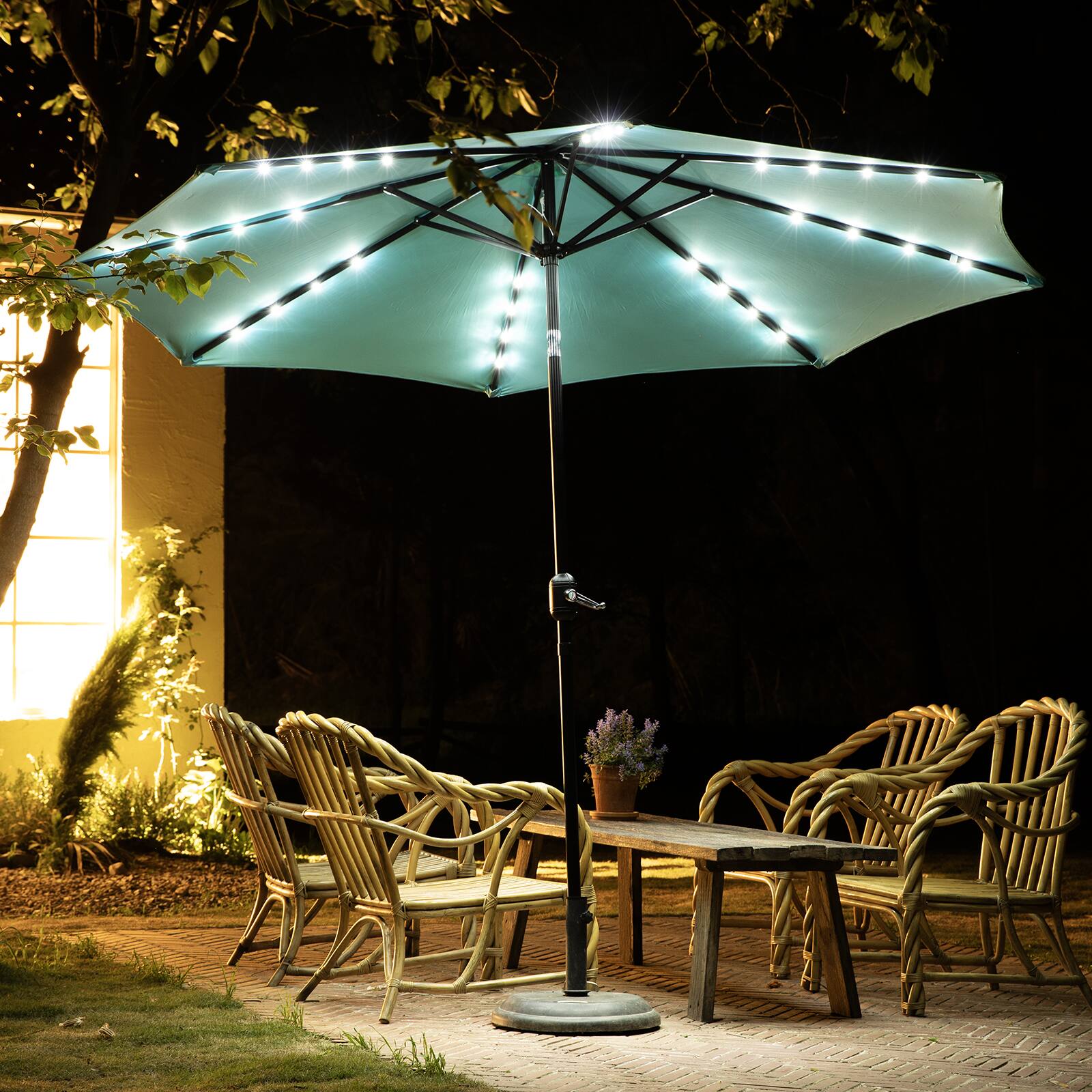 Back. AENKYO - 10ft Solar Polyester 32 LED Lighted Patio Umbrella with Tilt Adjustment and UV-Resistant Fabric - Blue.