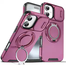 UUCOVER - Magnetic Case with Slide Camera Lens Cover & 360° Ring Stand for Apple iPhone 16 Plus - Drop Protection Shockproof Shell - Cherryred