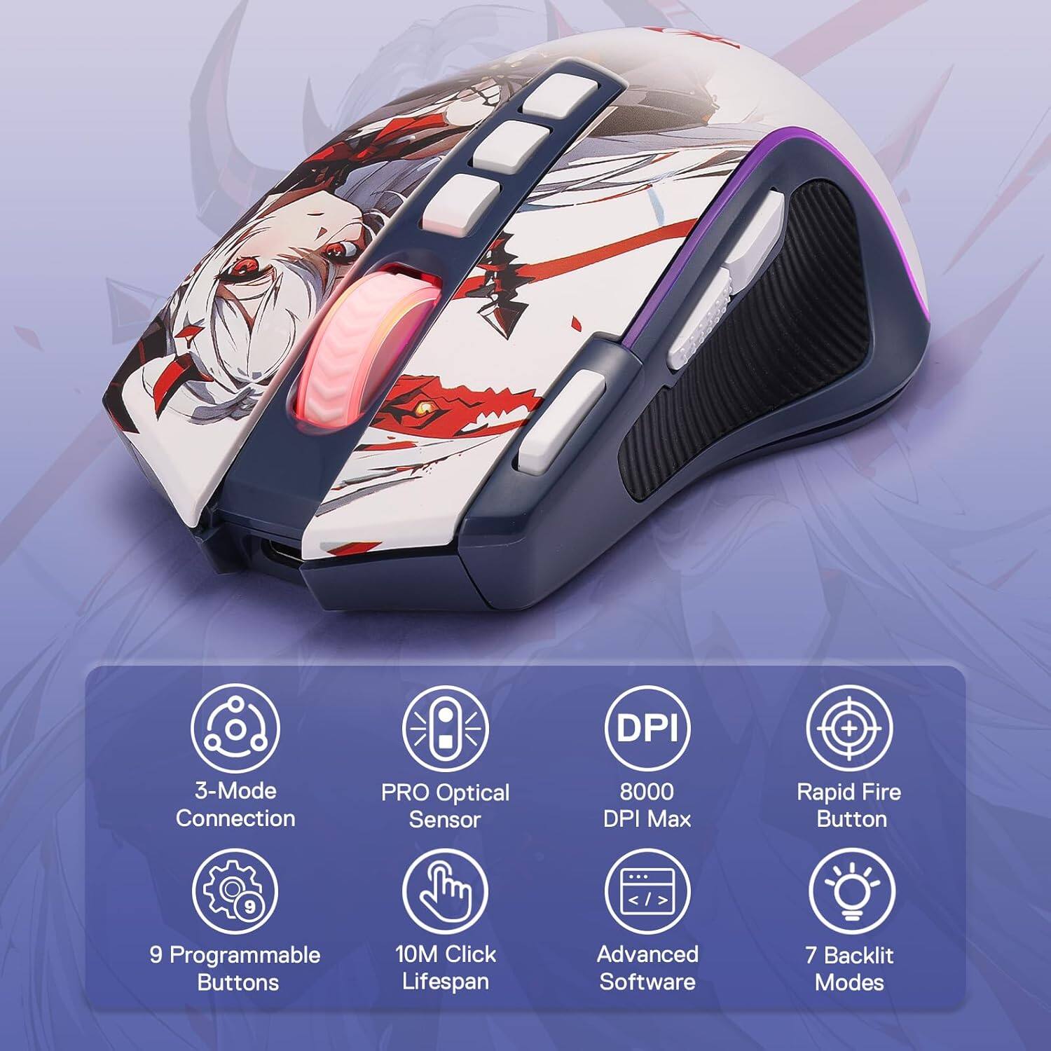 - DPI
- 3-Mode Connection
- PRO Optical Sensor
- 8000 DPI Max
- Rapid Fire Button
- 9 Programmable Buttons
- 10M Click Lifespan
- Advanced Software
- 7 Backlit Modes