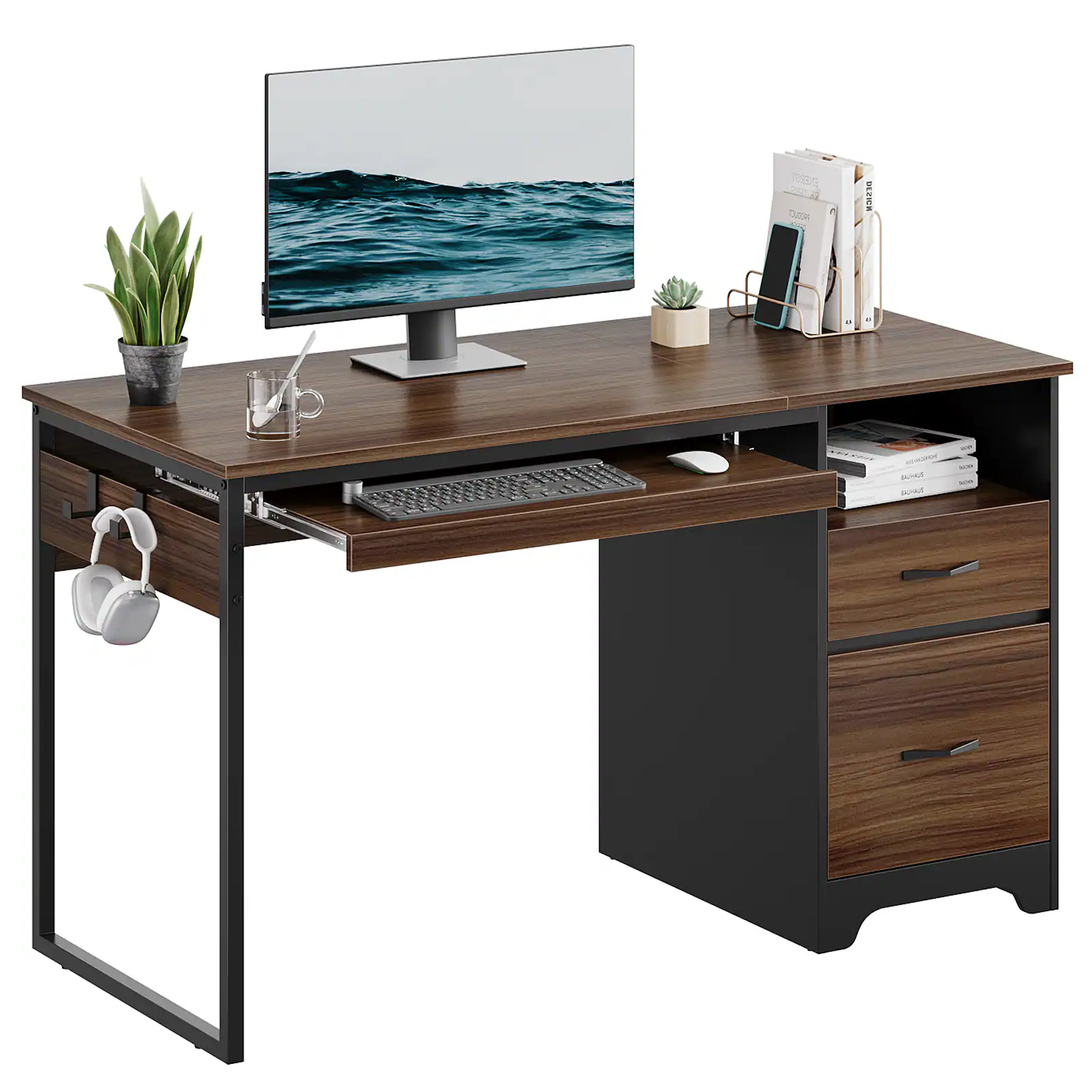 Bestier - 48" Gaming Desk with File Storage Drawers and Open Writing Compartments - Cherry