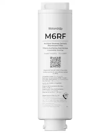Waterdrop M6RF
Multiple Reverse Osmosis Membrane Filter
Filtre à multiples membranes à osmose inverse
Model/Modèle: WD-M6RF
Please scan the QR code to buy a filter
Veuillez scanner le code QR pour acheter un filtre.
Compatible model: WD-M6 Series
Numéro de modèle compatible: WD-M6 Série
Feed water temperature: 41-100 F / 5-38 C
Exigence de température de l'eau : 41-100 F / 5-38 C
Feed water requirement: Municipal tap water
Exigence pour l'eau d'alimentation : Eau du robinet municipale
Filter life time: 12 months
Durée de vie du filtre : 12 mois
Qingdao Ecopure Filter Co., Ltd.
Add. No. 15 Vishengbai Road, Jimo, Qingdao, China
Adresse : 15 Route Vishengbai, Jimo, Qingdao, Chine
Tel/Tel : 1-888-352-3552 (U.S./E.-U.)
Email