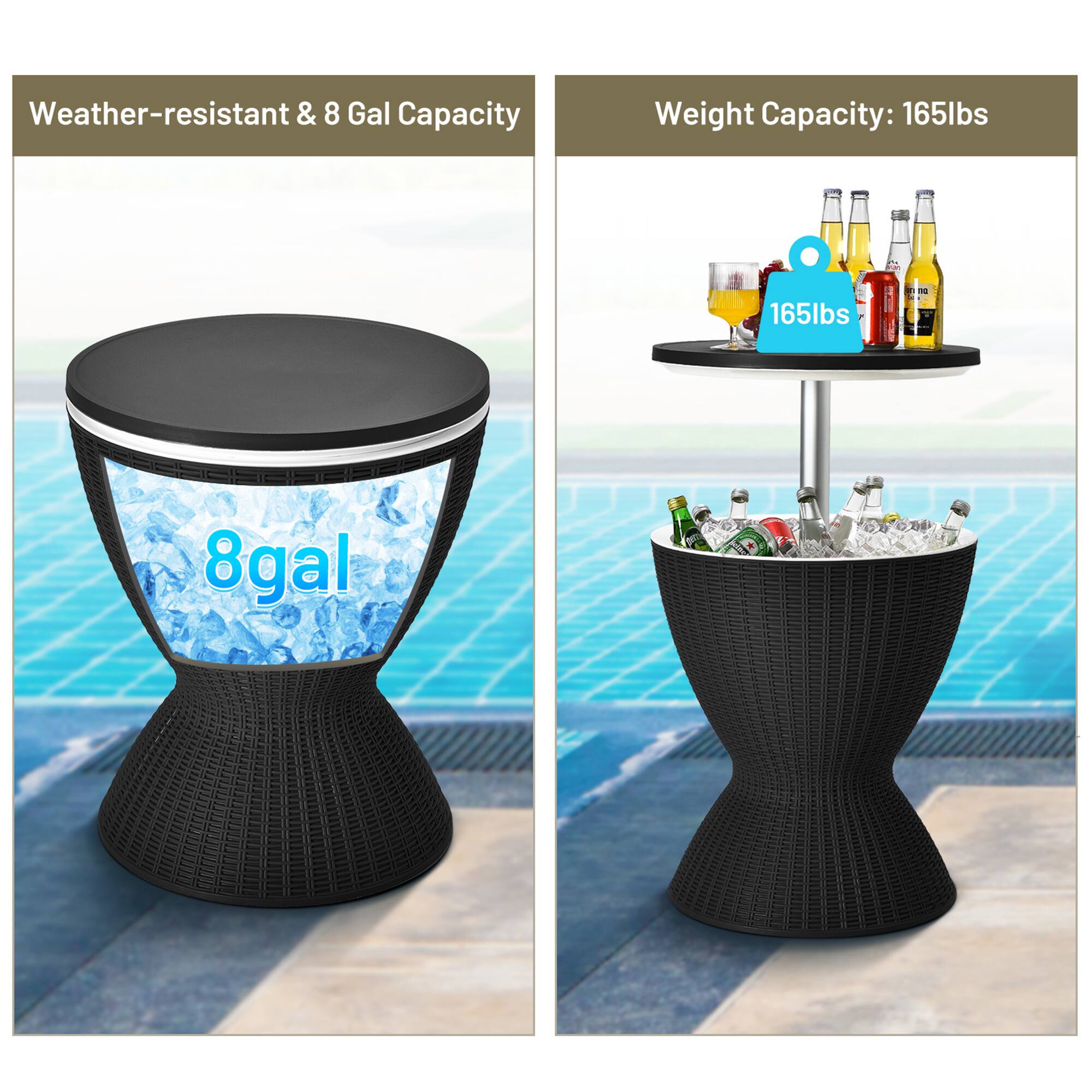 Weather-resistant & 8 Gal Capacity  
Weight Capacity: 165lbs