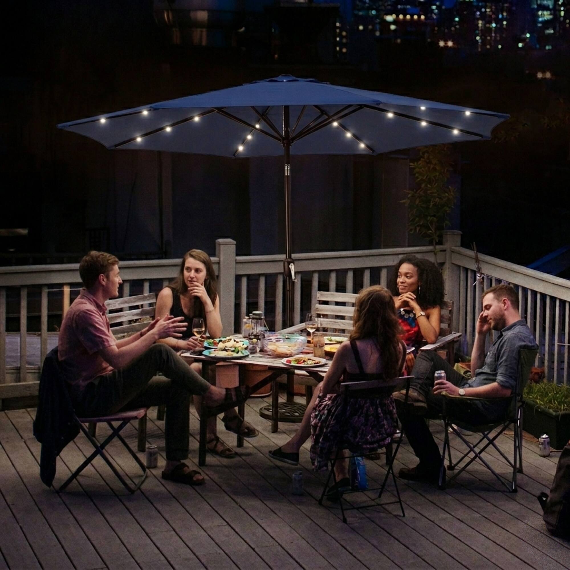 Alt View 3. Four Seasons Courtyard - Four Seasons Courtyard 9’ Polyester Patio Market LED Umbrella w/Steel Pole, Navy - Navy.