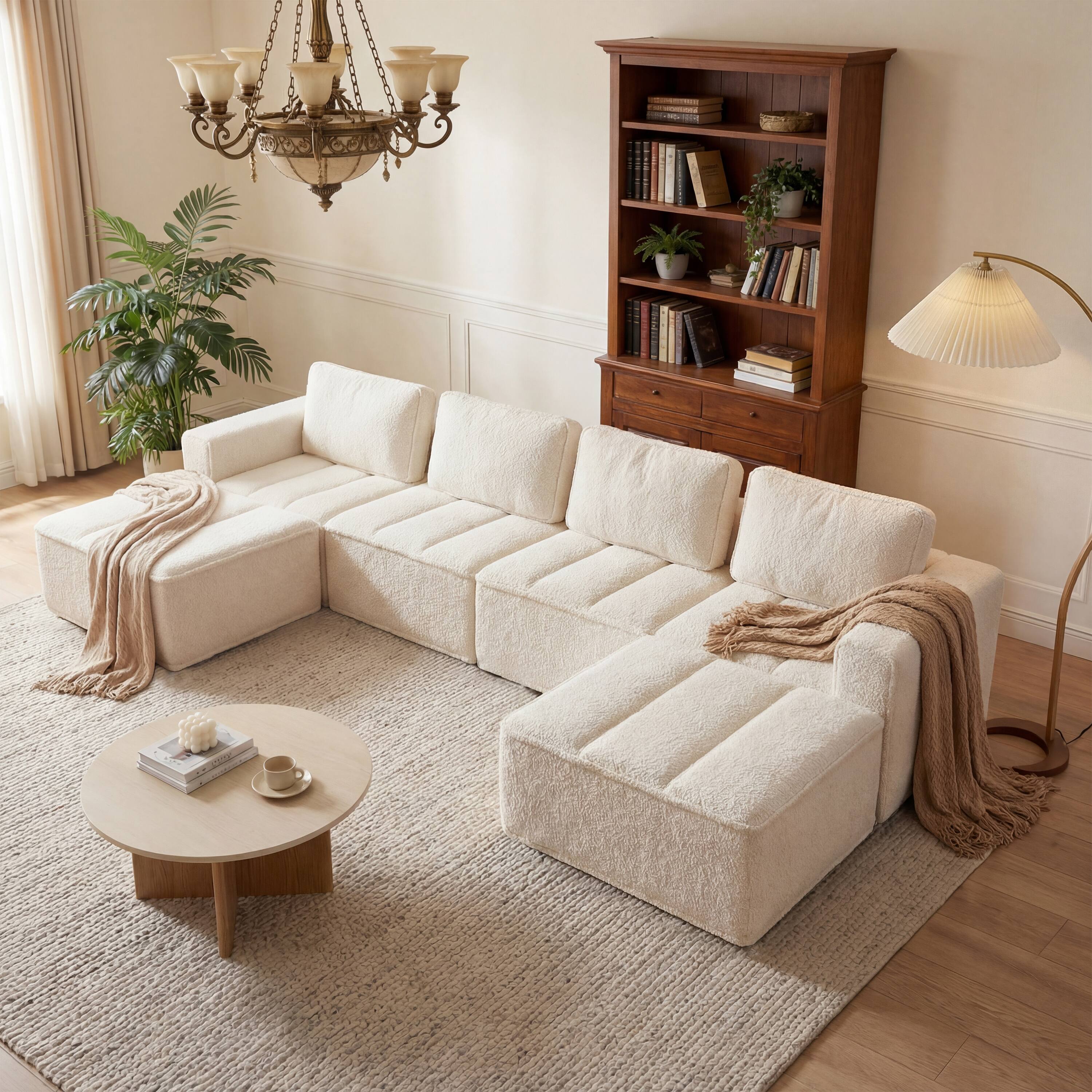 Left. Dyonery - 110" L Shaped Modular Sectional Sofa with Ottoman, Boneless Couch for Living Room - Beige.