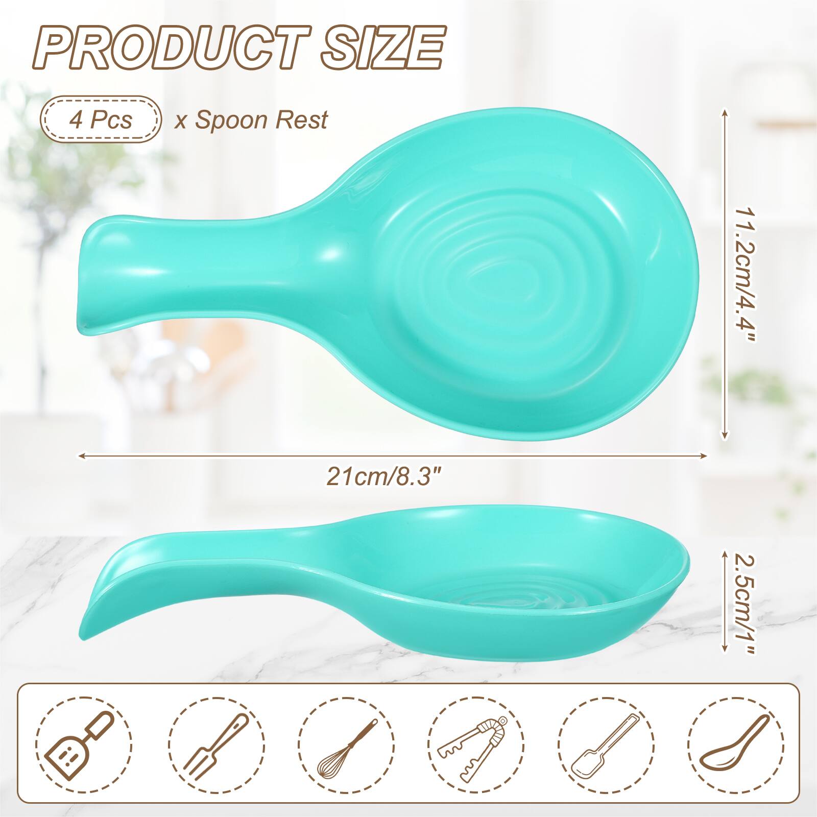 PRODUCT SIZE

4 Pcs x Spoon Rest

11.2cm/4.4" x 21cm/8.3" x 2.5cm/1"
