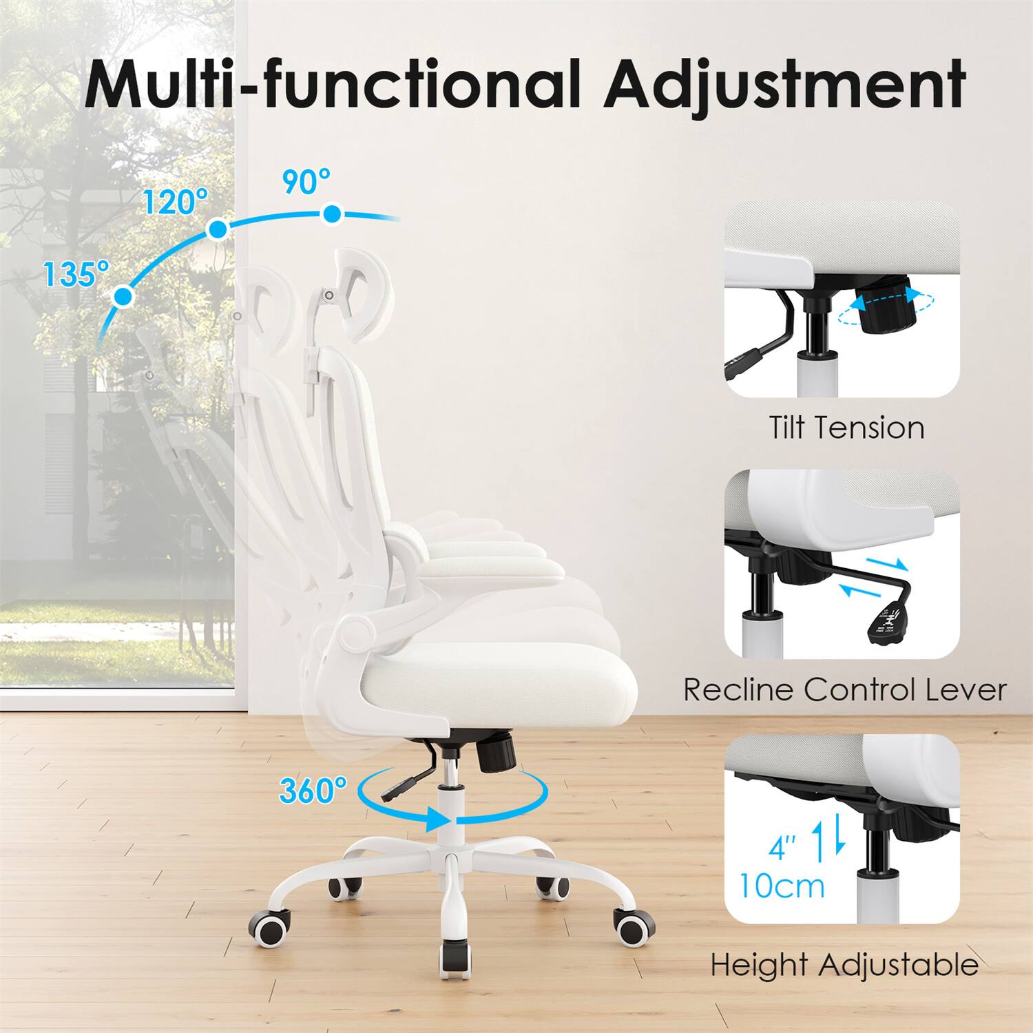 Multi-functional Adjustment

- 90°
- 120°
- 135°
- Tilt Tension
- Recline Control Lever
- 360°
- 4" / 10cm Height Adjustable