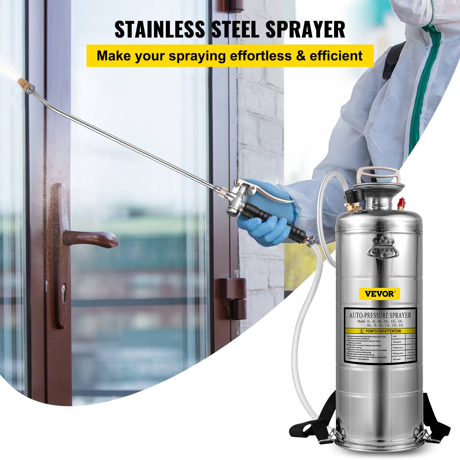 STAINLESS STEEL SPRAYER  
Make your spraying effortless & efficient  

VEVOR AUTO-PRESSURE SPRAYER  
4.5 L  
Model: 4.5 L, 110 PSI, 12V  
POINTS FOR ATTENTION